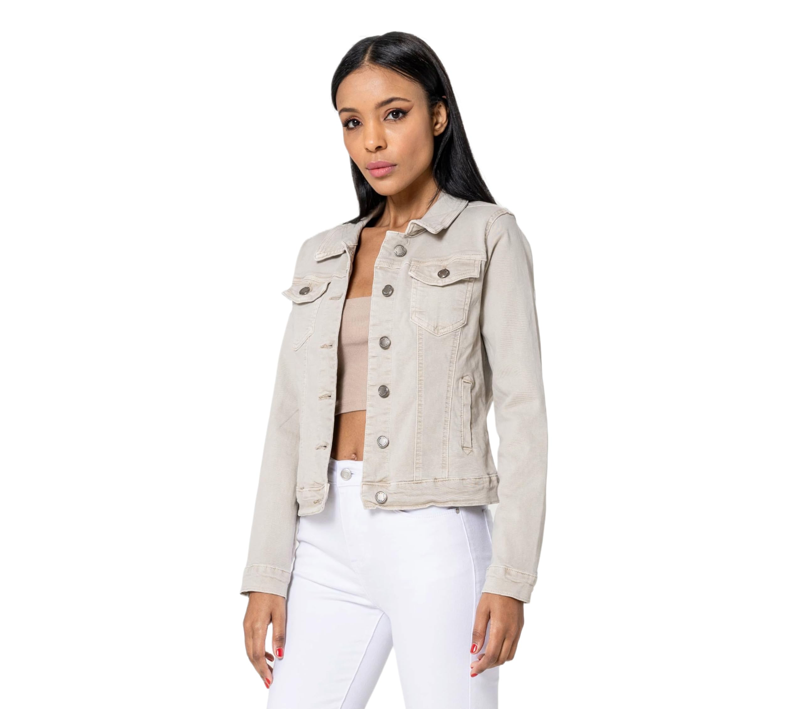 Nina Carter J212 Damska kurtka dżinsowa Slim-Fit – kolorowa kurtka przejściowa z kołnierzem Kent i kieszeniami – kurtka na wiosnę i lato, rozciągliwa