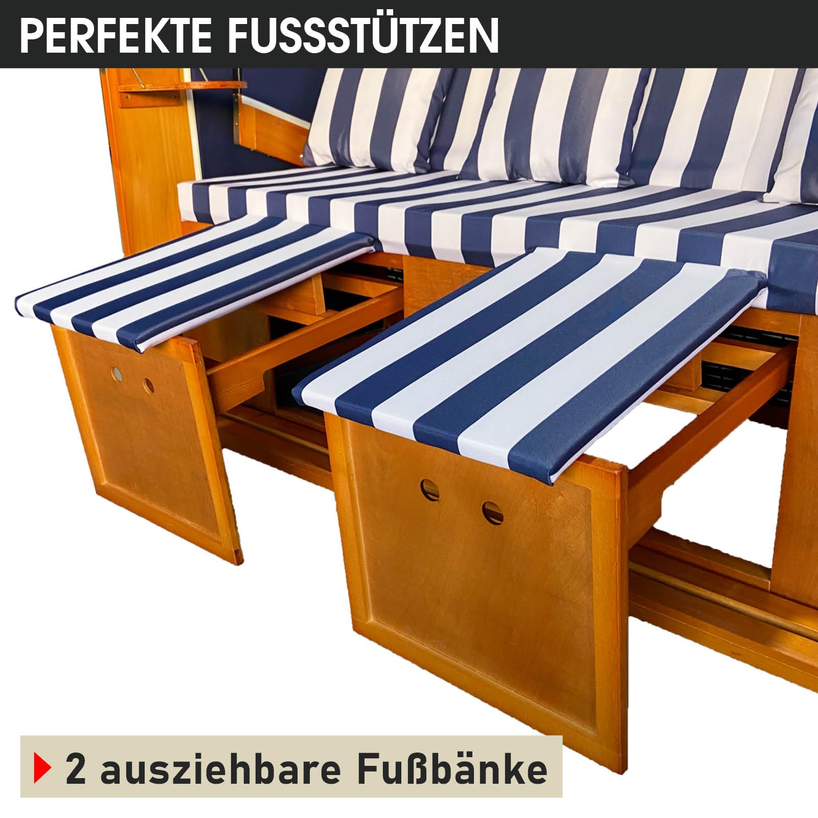 BRAST® Strandkorb Ostsee 3-Sitzer XL für 2-3 Personen | 155cm breit | 2 Designs | Tragkraft bis zu 500kg | verstellbare Rückenlehne | Blau/Weiß gestreift