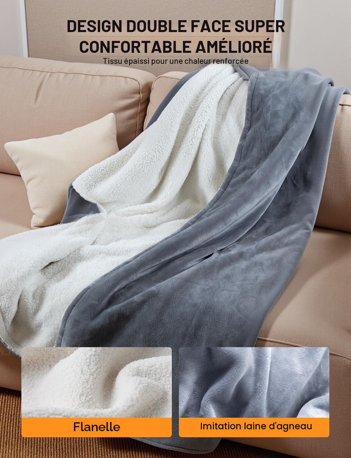 ALLJOY Couverture Chauffante, 180 x 150 cm Extra Grande Couverture Chauffante Éllectrique avec Automatique, 6 Niveaux de Chauffage, 8.5FT Câble d'alimentation, Lavable en Machine Homme Femme