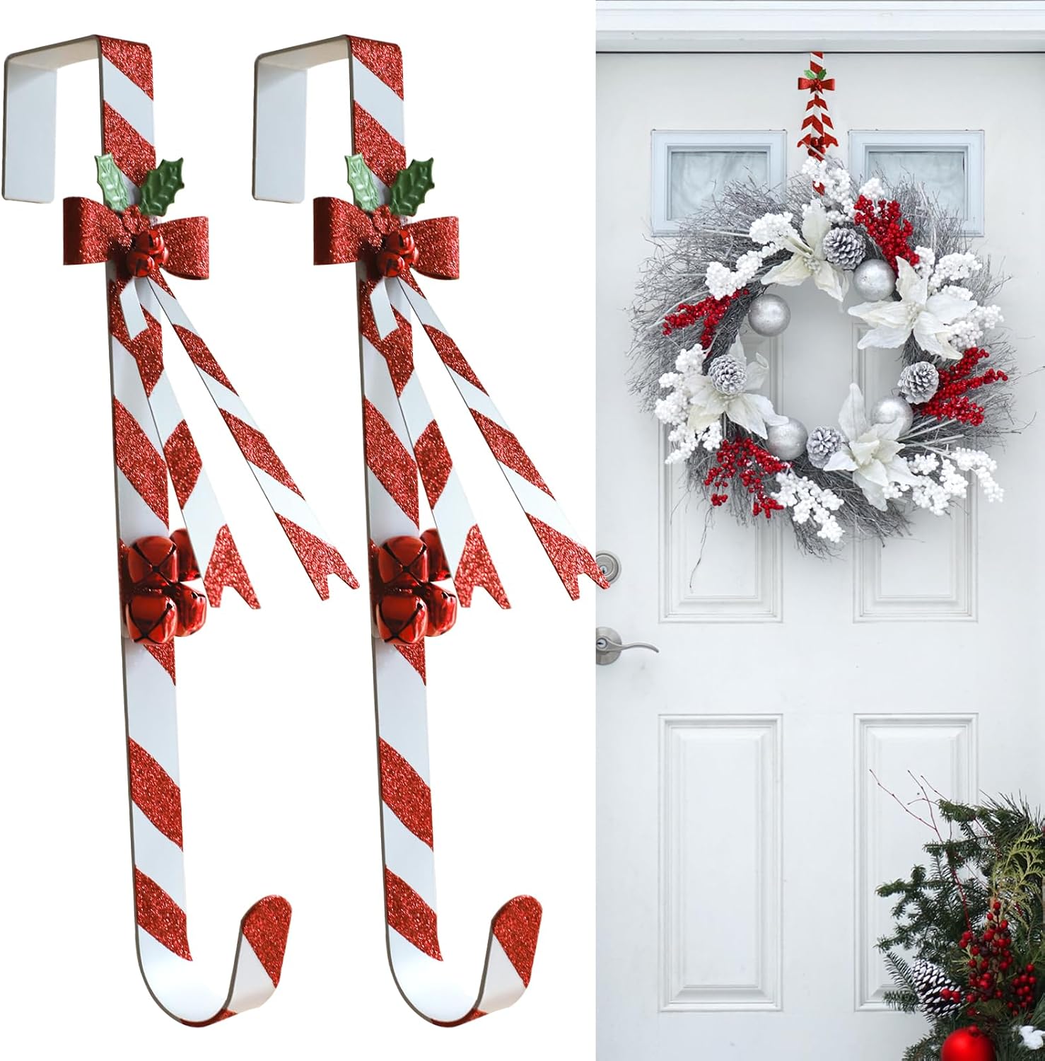 2 Pack Candy Cane Wreath Hangers for Front Door,Christmas Decoration Metal Over The Door Wreath Hanger Ornament,Door Wreath Hanger