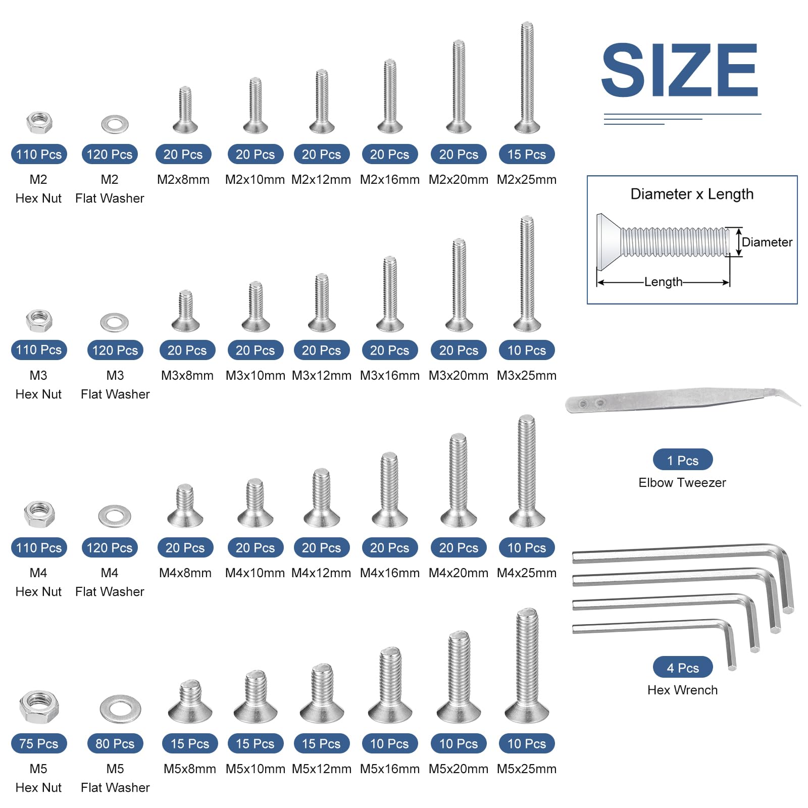 DTGN 1255Pcs M2 M3 M4 M5 Flat Head Hex Socket Cap Screws Bolts Nuts Washers Kit with Wrench - Image 2