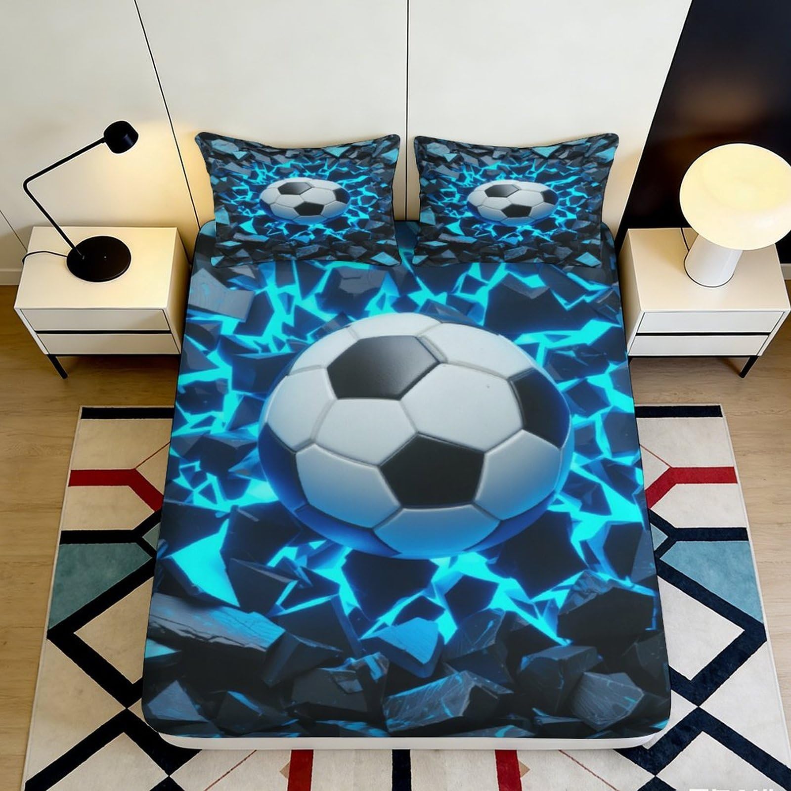 3D Printed Soccer Lightning Fitted Sheet Microfiber Soft Breathable Football Bed Cover for Bedroom Guest Room Decor 90x200x25cm