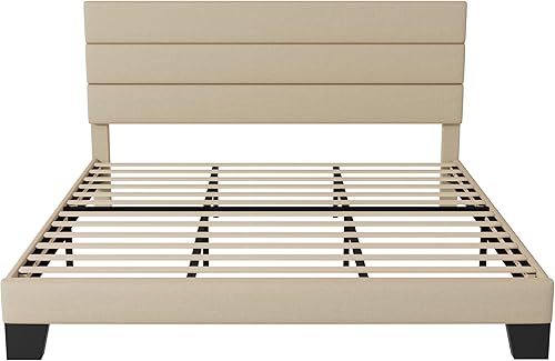 Miniatura 8 de Allewie Base de cama de plataforma tamaño King con cabecera tapizada de tela y soporte de listones de madera, base de colchón totalmente tapizada,