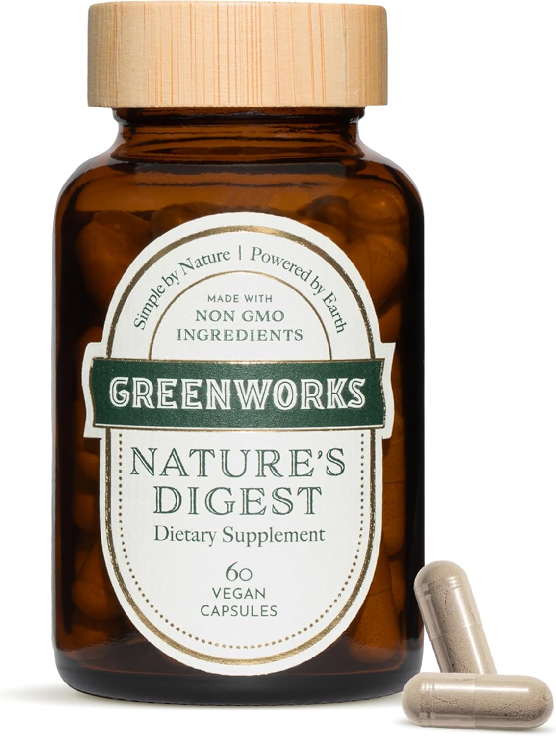 Greenworks Nature’s Digest Gut Health Supplement, Digestive Enzymes with Soil-Based Probiotics & Prebiotics, Supports Digestion, Bloating & Regularity, Non-GMO Vegan Shelf-Stable Capsules, 60 Count