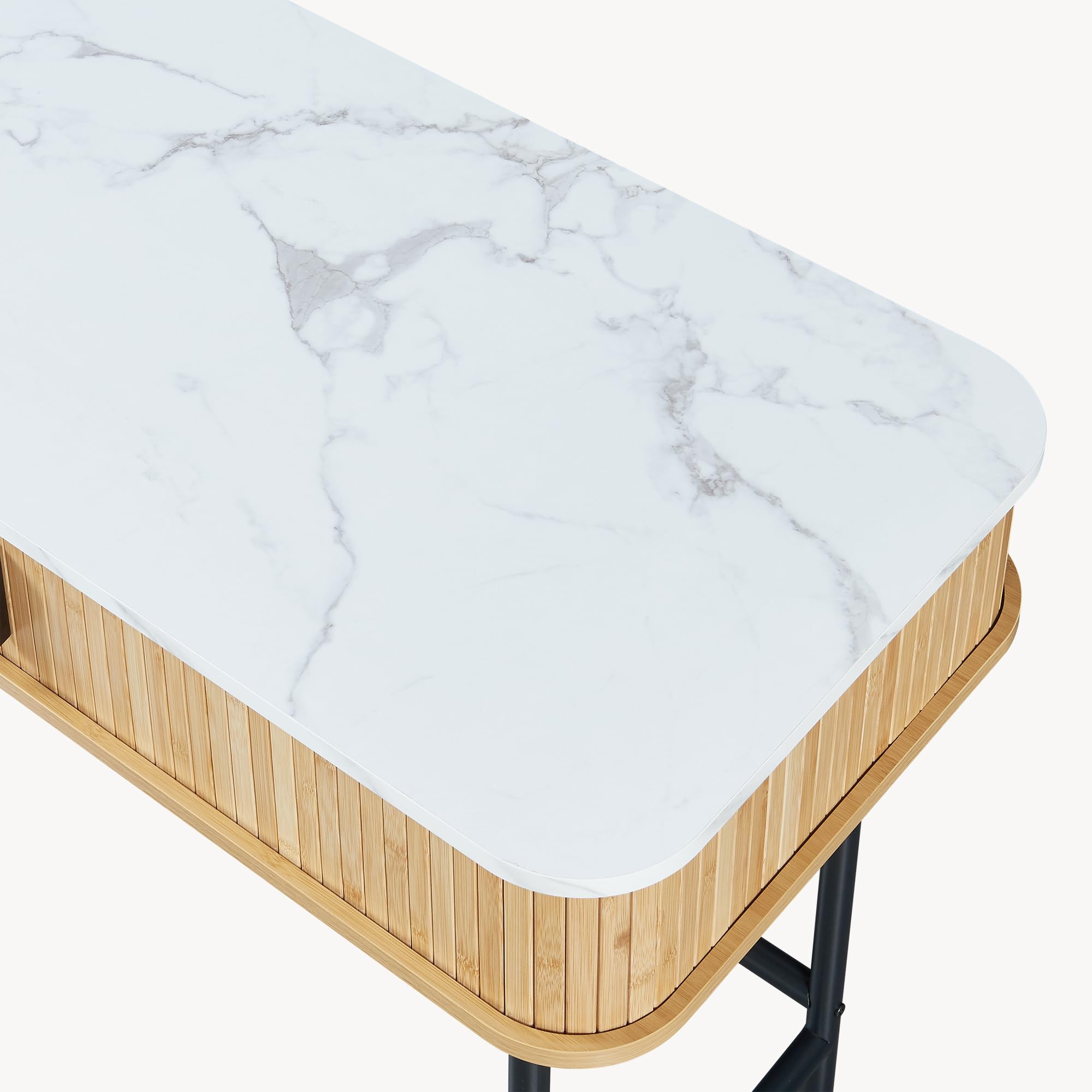 [en.casa] Consola Tvedestrand Versátil Mueble Recibidor Mesa de Entrada con 2 Compartimentos Cerrados Estable Diseño Atractivo Bambú Metal 100 x 50 x 76 cm - Mármol Blanco/Efecto Madera