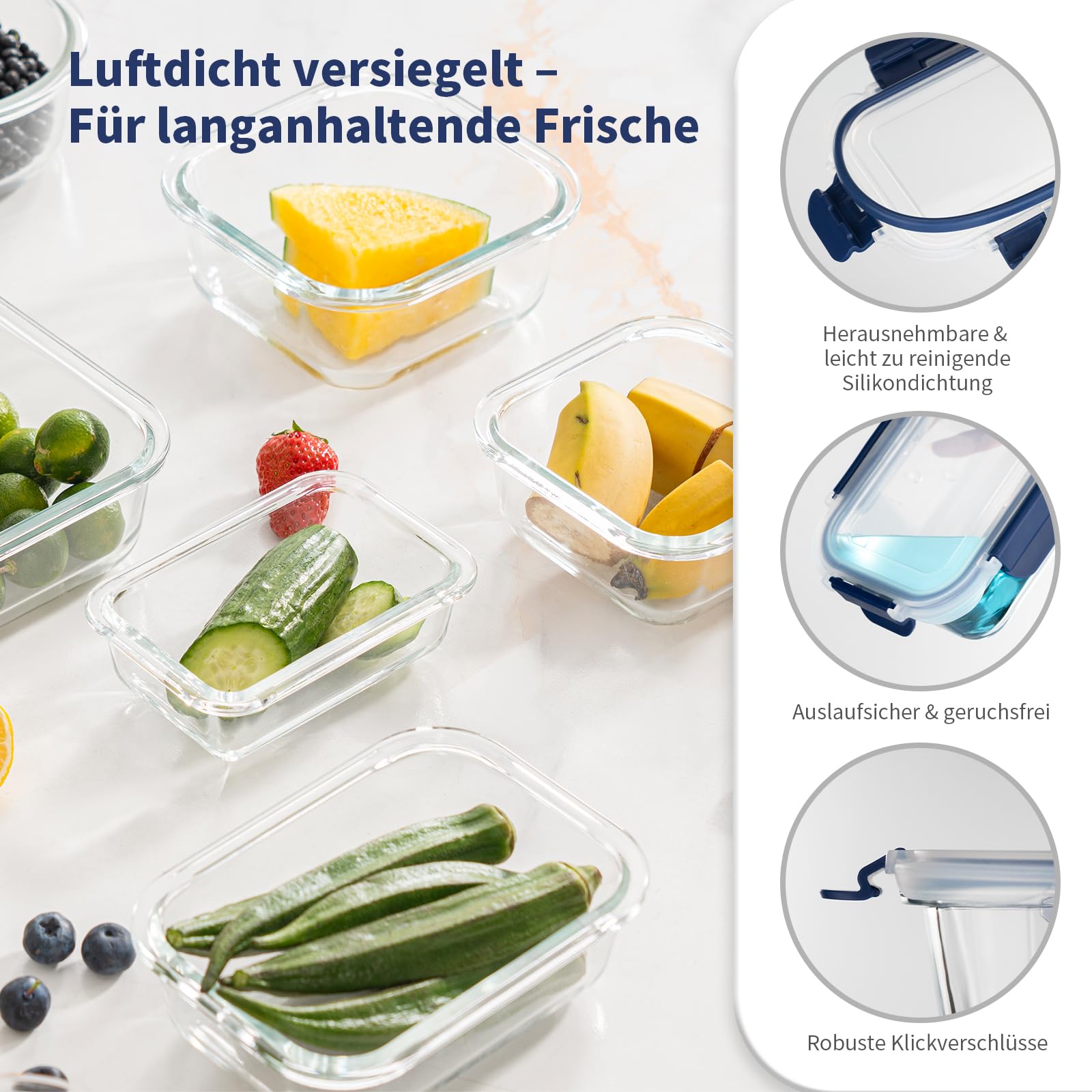 Meal Prep Cajas de cristal, tarros de cristal con tapa, juego de recipientes herméticos con tapa a prueba de fugas, para microondas, congelador y fregadero, 15 unidades, color azul