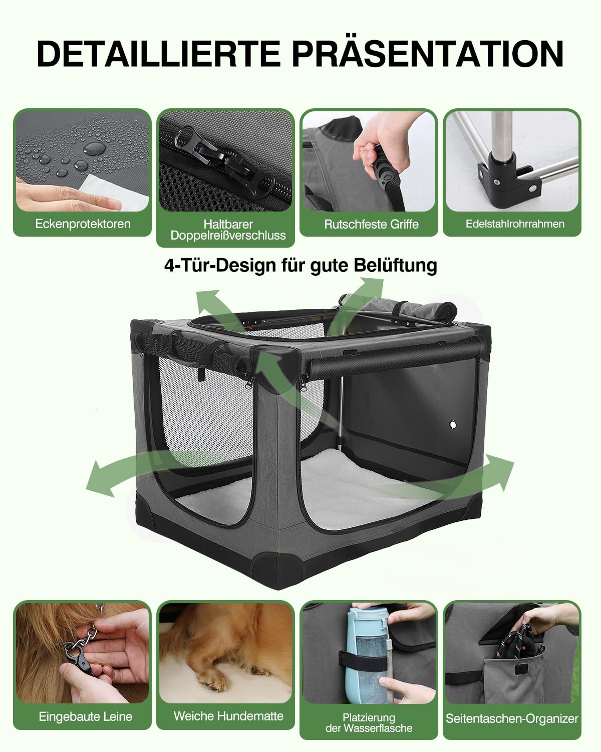 derimkcoa 106 * 78 * 78CM Hundebox faltbar, Hundetransportbox Auto für große Hunde bis 36 kg, tragbare Soft-Hundebox mit reißfesten Netzfenstern, Plüschmatte und Tragetasche,Grau