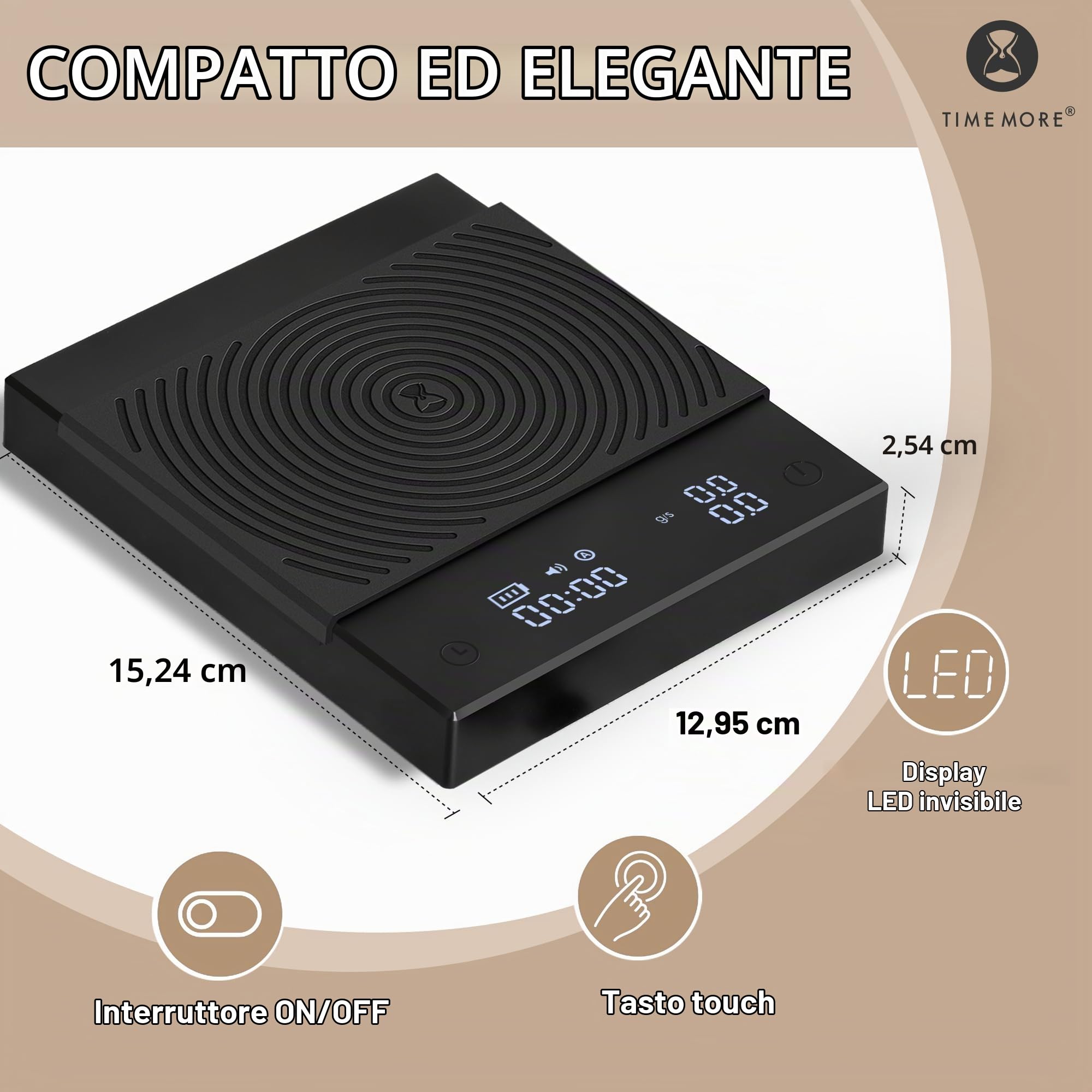 Black Mirror Basic 2, Bilancia da caffè TIMEMORE con timer per caffè filtro, controllo del flusso, precisione di 0,1g, timer automatico, capacità di 2000g, nero