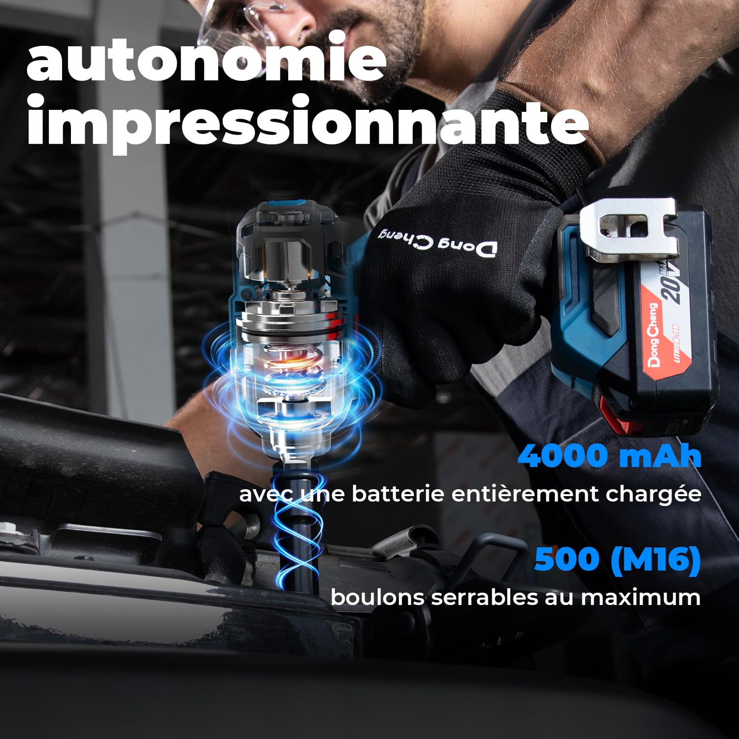 Dong Cheng clé à chocs sans fil 20 V avec Batterie 4,0Ah, 488 N.m Boulonneuse à choc sans balais 1/2", 3 vitesses, avec 4 douilles à chocs, Idéale pour l’Automobile et le Bricolage