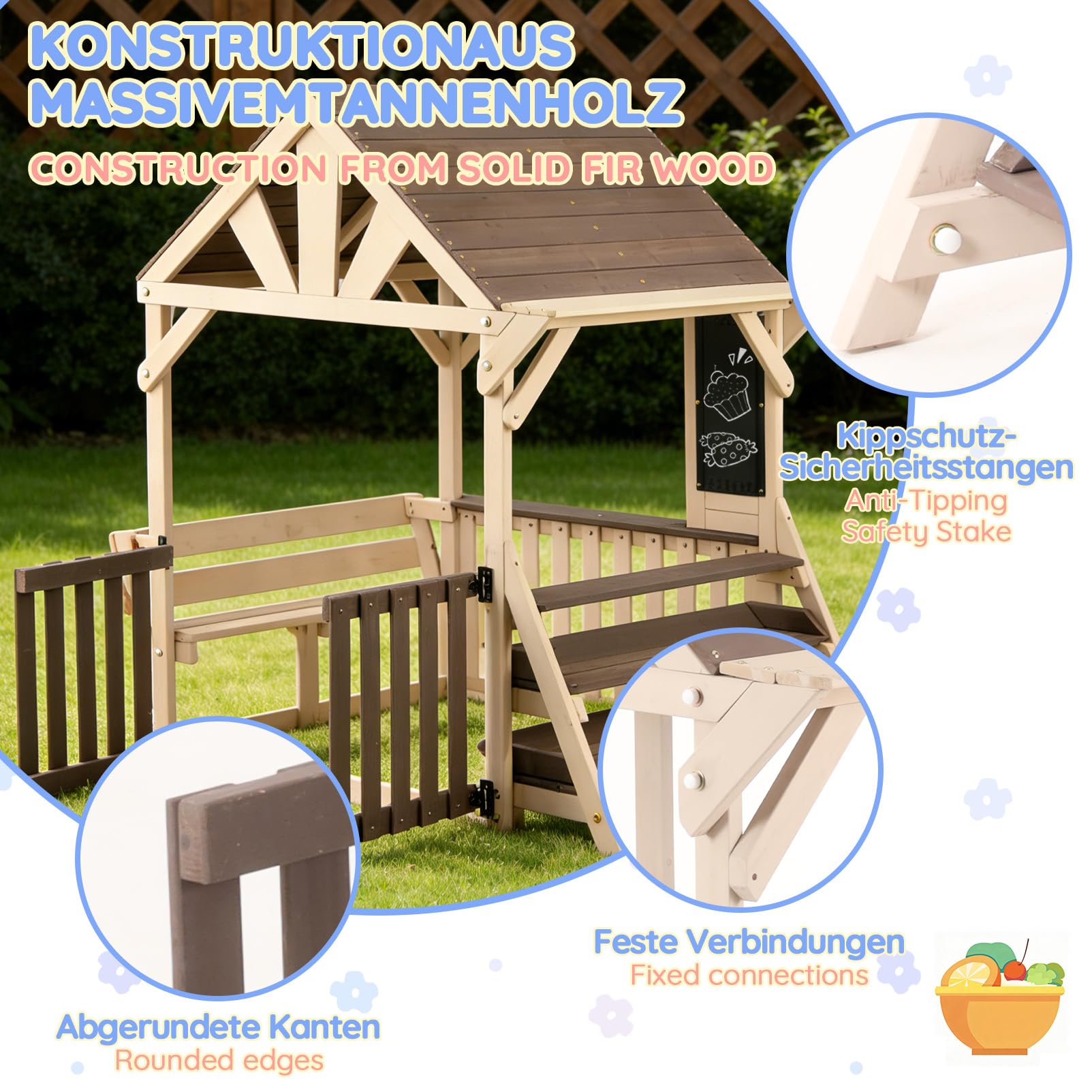 Set da cucina per esterni, a forma di casa, in legno con tetto antipioggia e ringhiera a mezza altezza, scaffale multiuso per piante e giocattoli, per bambini dai 3 anni in su, casa giochi