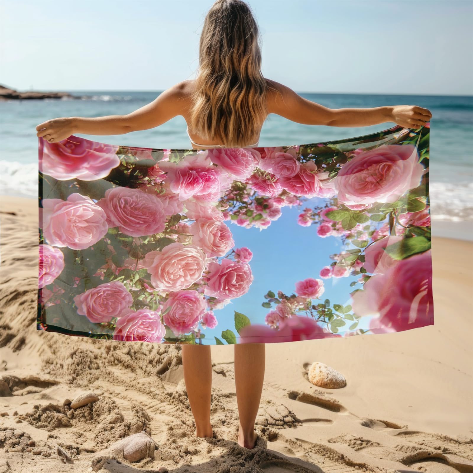 Générique Serviette Microfibre Plage Fleurs Roses Ciel Bleu