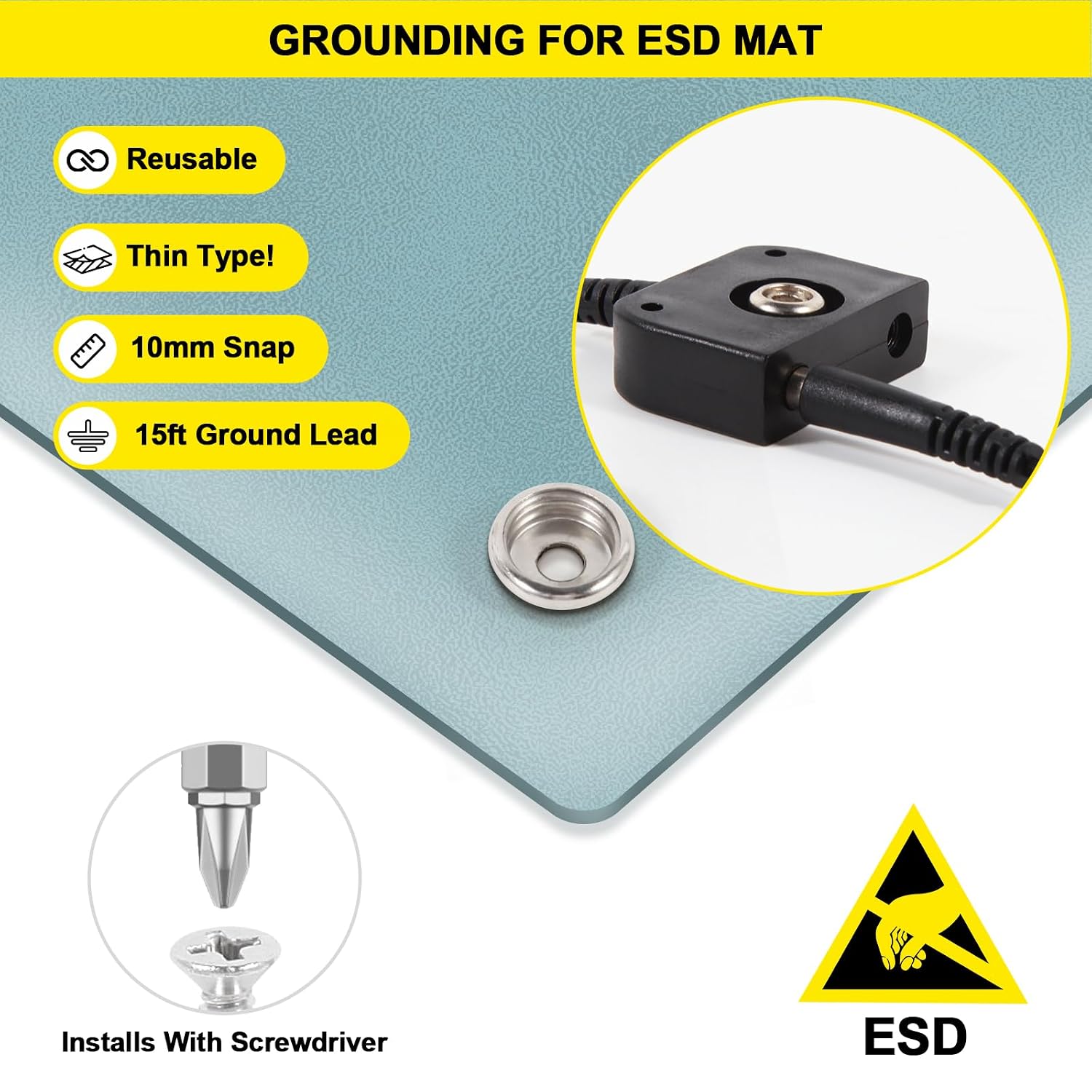 FEITA ESD Mat Anti Static Workstation Grounding Kit, 15 Feet Male Low Profile Grounding Plug Adapter, Universal Snap Kit, 8 Feet Ground Coil Cord with Alligator Clip, Navy Blue Anti-Static Wristband