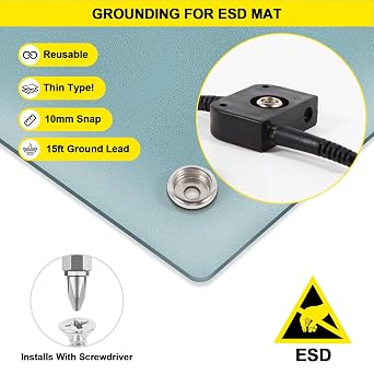 FEITA ESD Mat Anti Static Workstation Grounding Kit, 15 Feet Male Low Profile Grounding Plug Adapter, Universal Snap Kit, 8 Feet Ground Coil Cord with Alligator Clip, Navy Blue Anti-Static Wristband