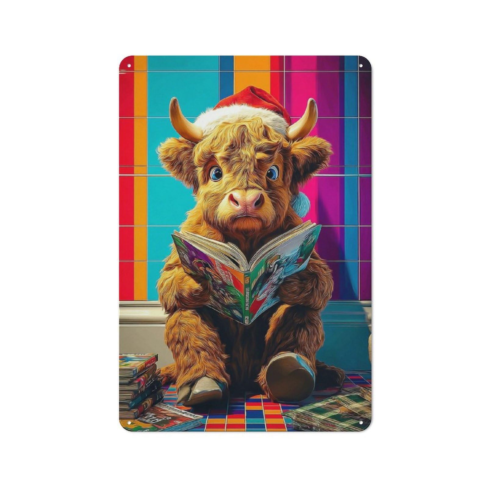 Junmoney Christmas Cow Reading Adventure Tin Wall Plaque 30X20cm With For Hallway Wall, With Clear Retro Wall Decor Character