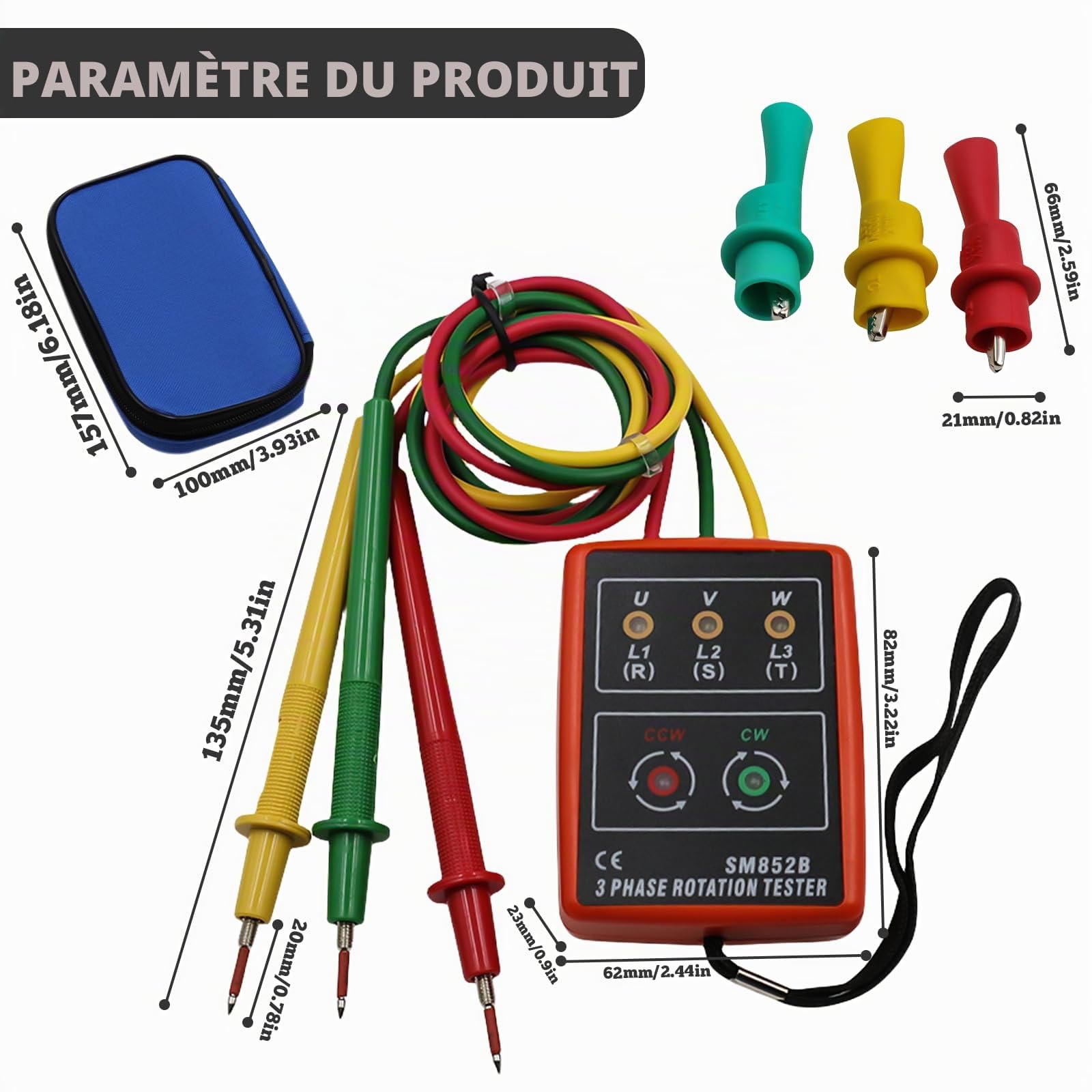 Testeur de phase portable à 3 phases : compteur de champ rotatif AC 60 V ~ 600 V, testeur de rotation à 3 phases, testeur de tension avec buzzer et pinces crocodiles pour appareils de haute