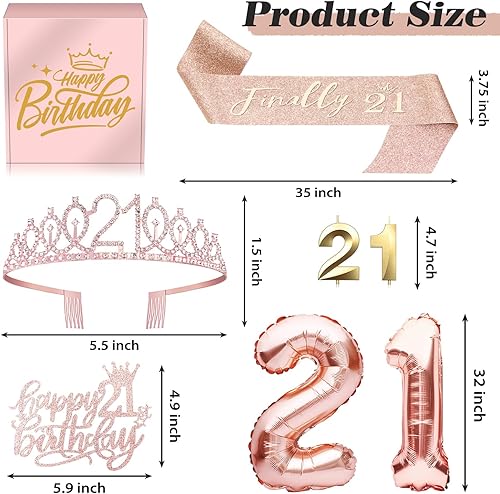 Miniatura 2 de Decoraciones de regalos de cumpleaños número 21 para ella decoración de pastel de cumpleaños 21 globos banda de Queen corona y vela oro rosa