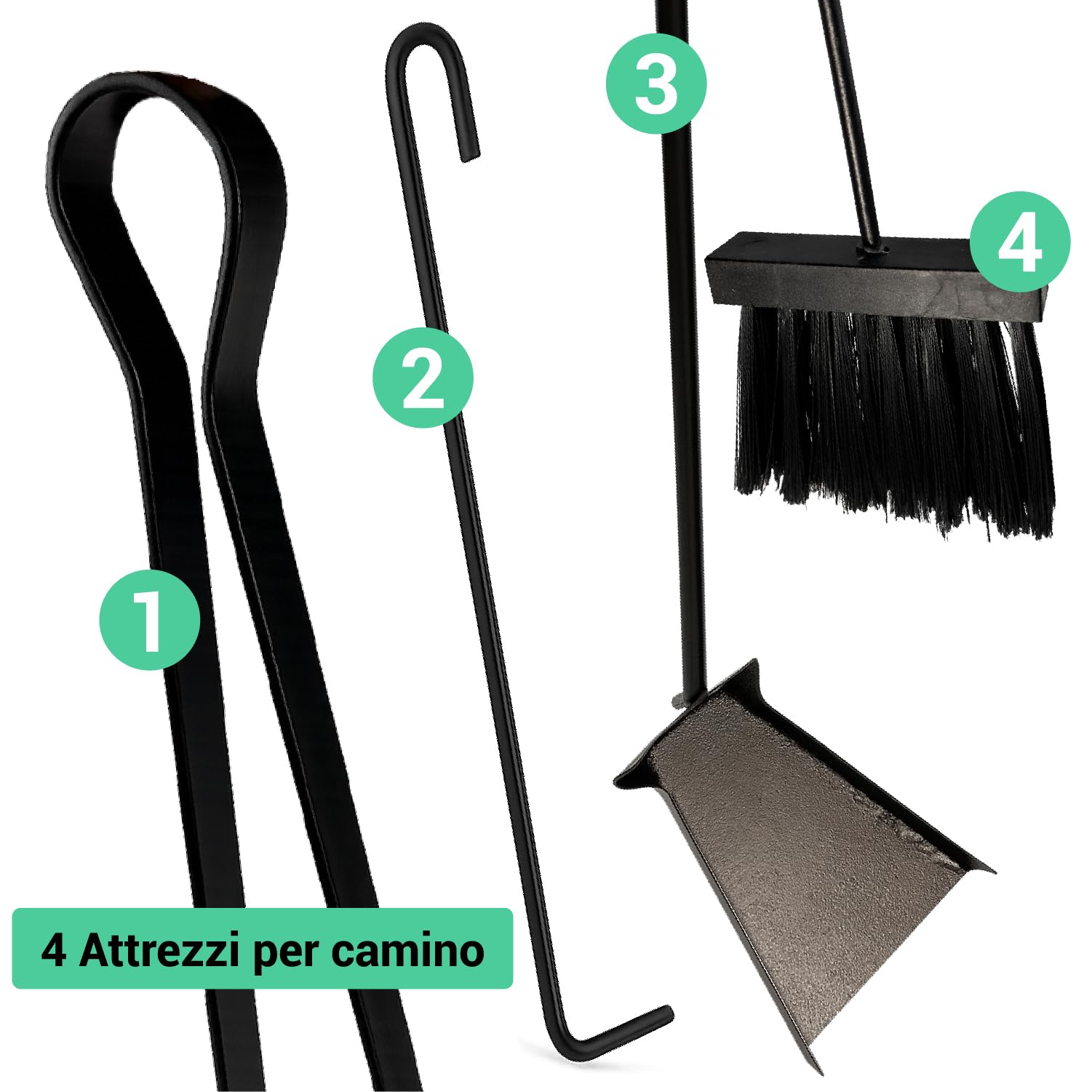 Crisalide® – Set Attrezzi per Camino in Ferro Battuto | 4 Accessori (Scopa, Paletta, Pinza, Attizzatoio) con Supporto da Pavimento | Design Classico Nero Opaco | Altezza 58 cm