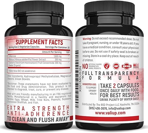 Miniatura 8 de VALI Fórmula de salud del tracto urinario D-manosa de 1000 mg. Polvo orgánico de frutas de arándano e hibisco. Vejiga saludable, limpieza natural,