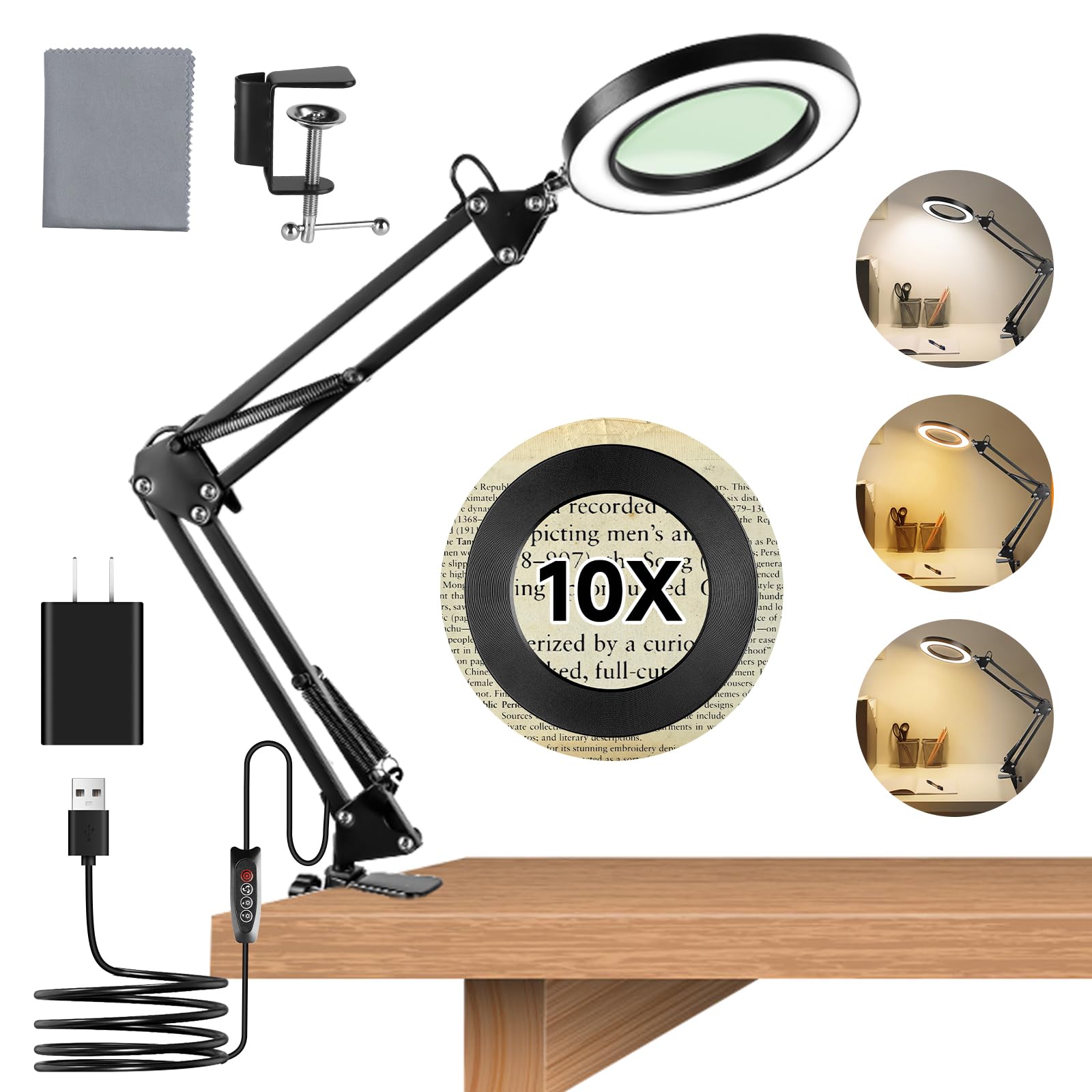 Lupa con luz y soporte, 10 lupas con 3 modos de color y 10 luces LED regulables, lupa de mesa de 10 aumentos con abrazadera, lupa de lectura, lupa de lectura, lupa de aumento, para manualidades,