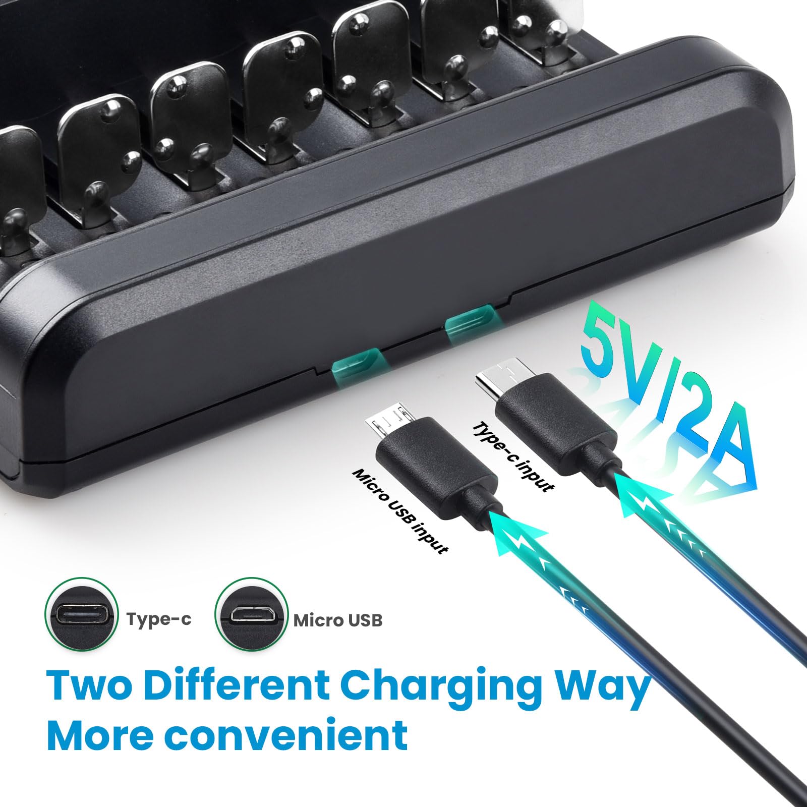 Batteries D rechargeables avec chargeur, chargeur de batterie intelligent à 8 baies avec 4 piles D 11000 mAh pour AAA/AA/SC/C/D Ni-MH Ni-CD