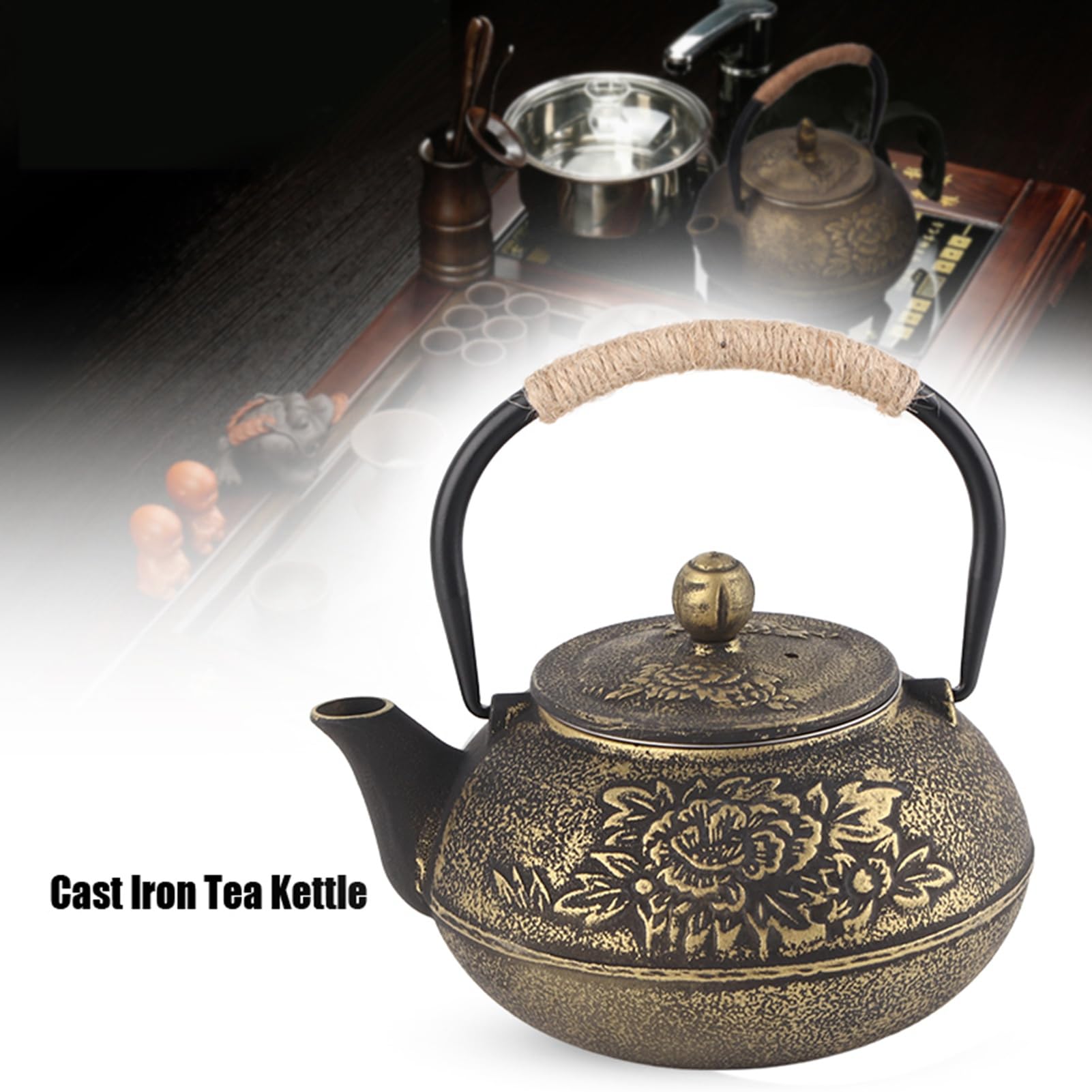 Tetera, tetera de hierro fundido de 900 ml, tetera vintage, tetera japonesa de hierro fundido, tetera pequeña con infusor extraíble para hojas sueltas