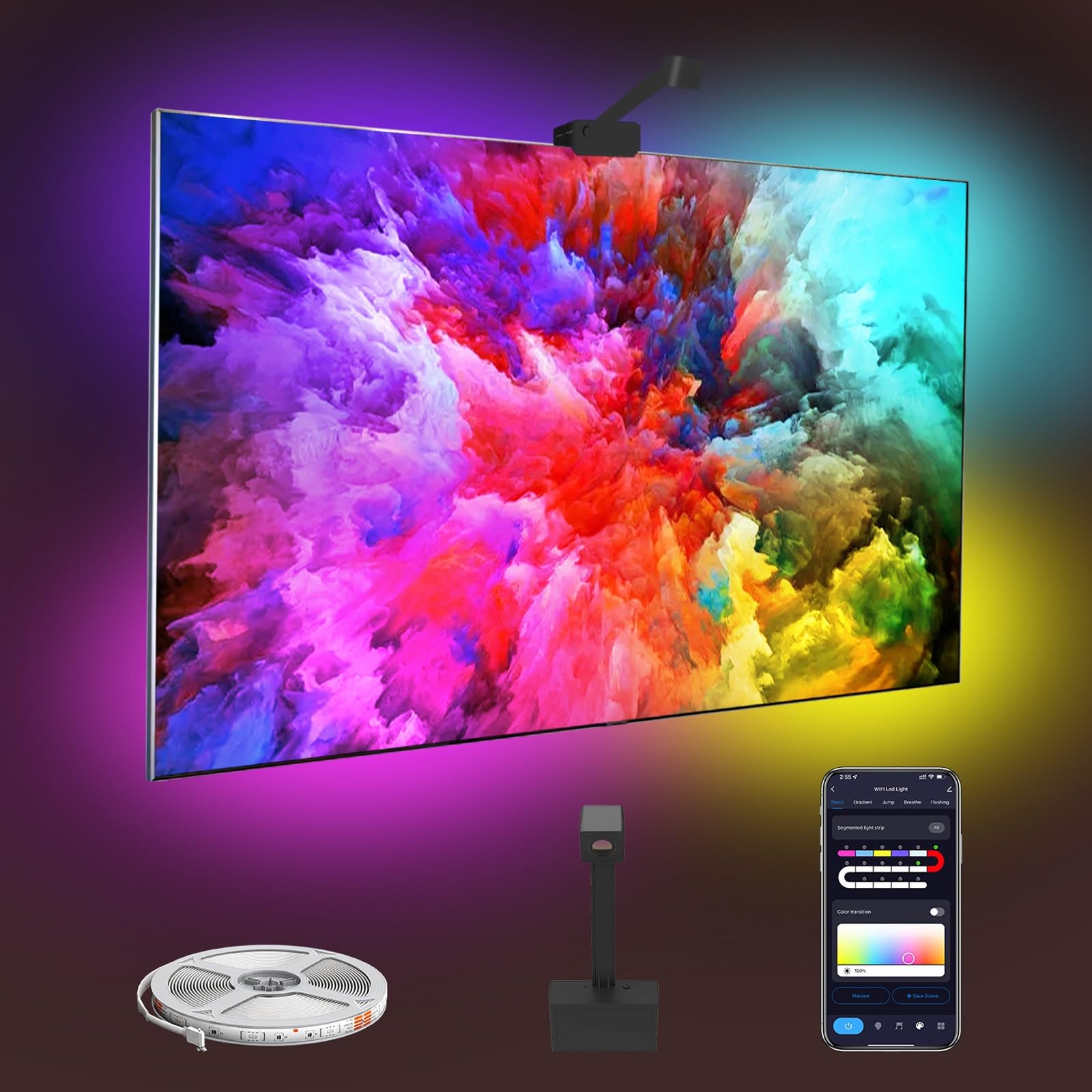 Luce LED Intelligente per TV, Retroilluminazione TV A Colori Fai da Te con Effetto RGBIC per Lo Schermo TV 4 Luci Sincronizzate con Il Ritmo Adatto per La Decorazione dello Sfondo TV