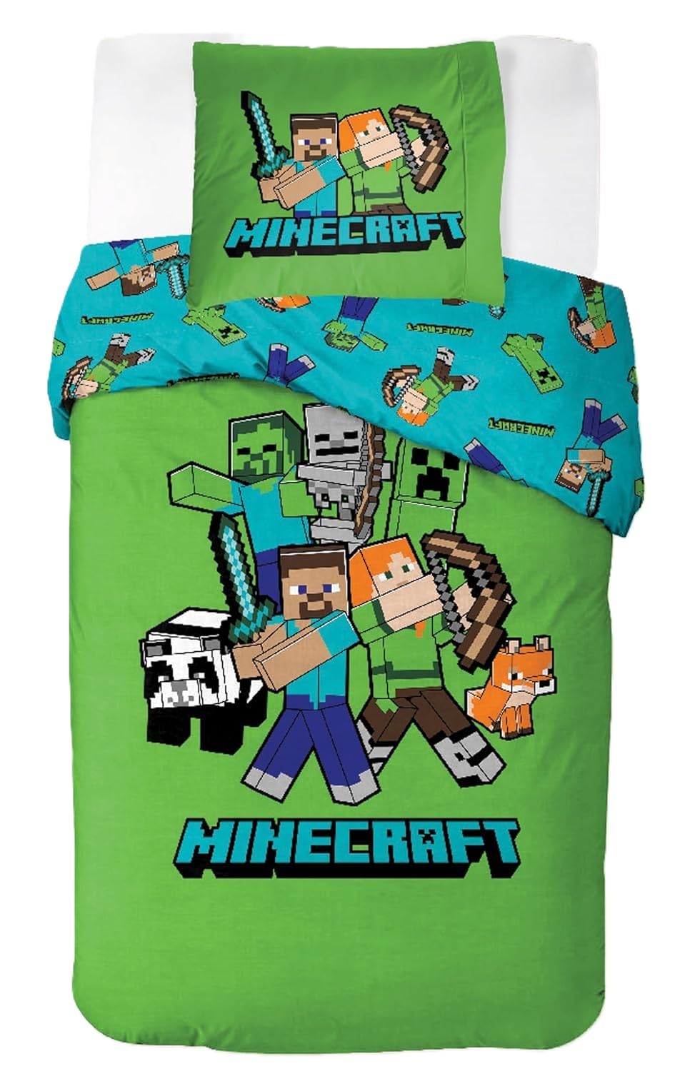 Minecraft Bedlinen Single Size | Duvet Cover 140x200 cm + Pillowcase 60x65 cm, 100% Cotton | Soft, Colorful & Reversible Bedding Set for Kids | Minecraft ''Classic'' Design