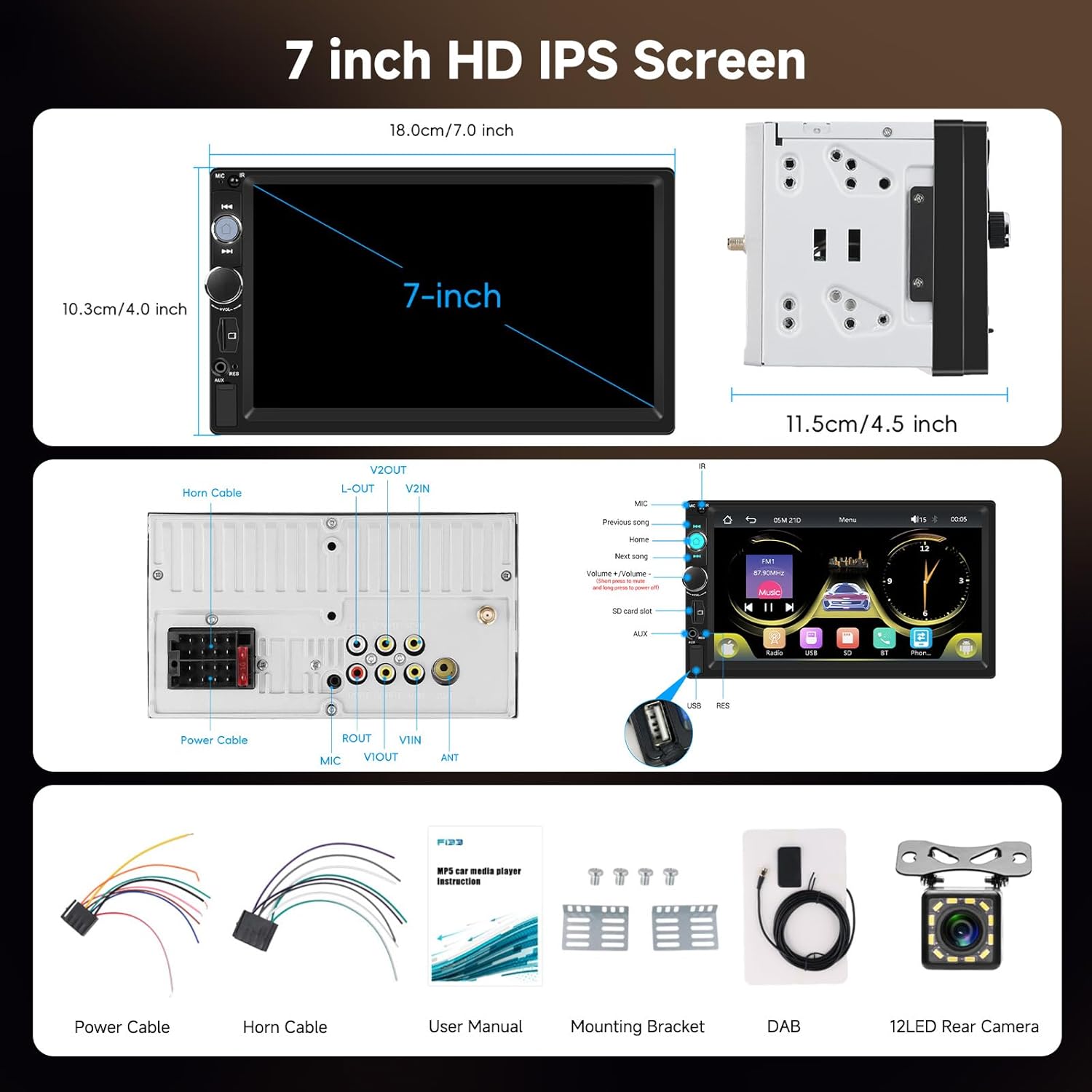 Diagrama que muestra las dimensiones del estéreo del automóvil de 7 pulgadas, sus conexiones traseras y una lista de accesorios incluidos: cable de alimentación, cable de bocina, manual de usuario, soporte de montaje, antena DAB y cámara trasera de 12 LED.