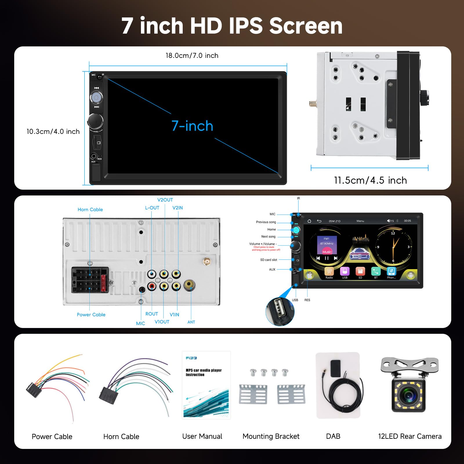 Hodozzy 7 Pollici 2 Din Autoradio con Wireless Carplay Android Auto, DAB+ Digital Radio 2 Din con Bluetooth, FM Radio, Mirror Link, Riproduzione Video, SWC, USB/AUX/Type-c/Scheda TF con Telecamera