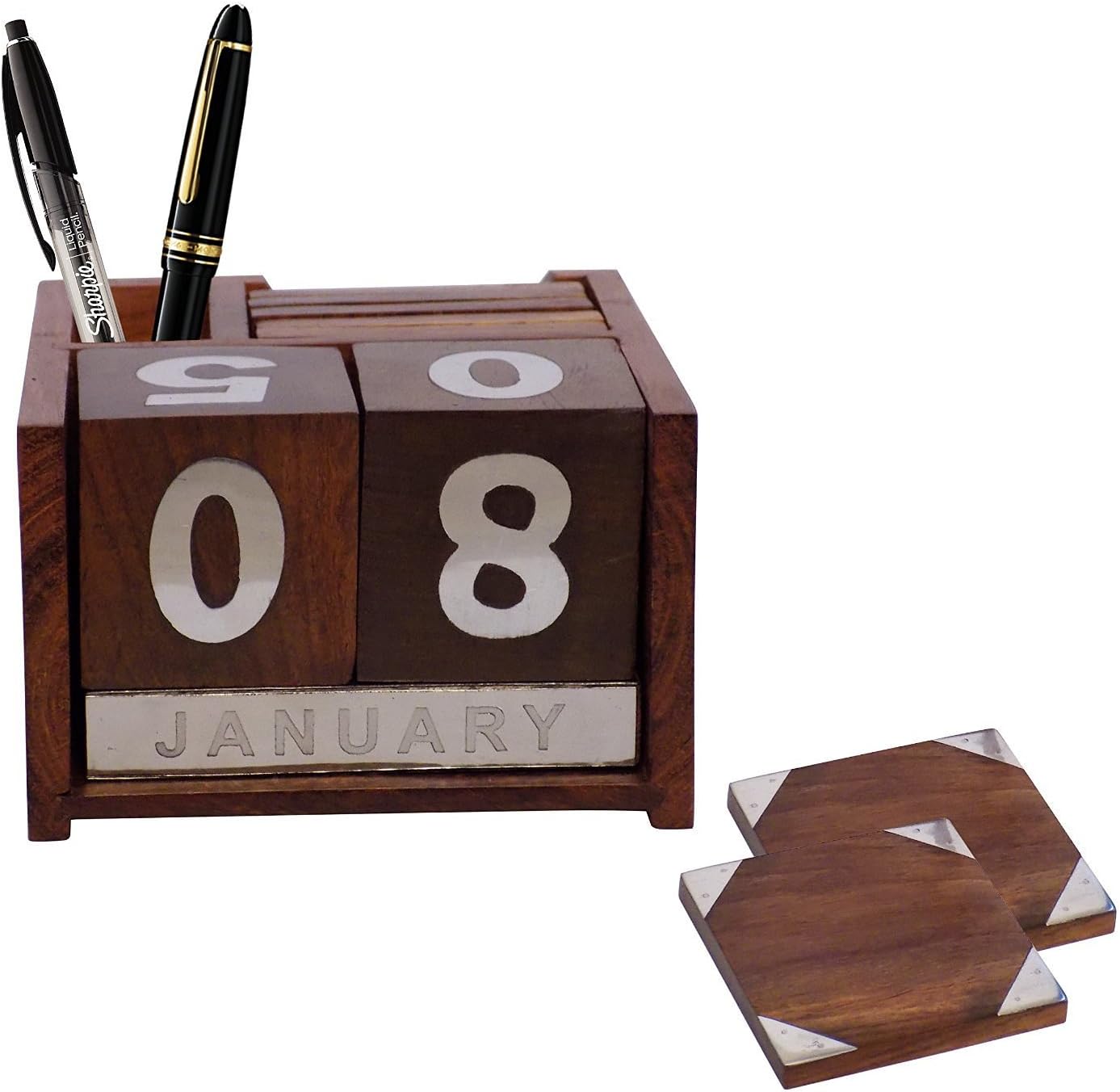 GAC Wooden Date Month Calender with Coaster Pen Holder /Stand Desk Table Top Set (Brown) 4.5 x 4.5 x3 Inch