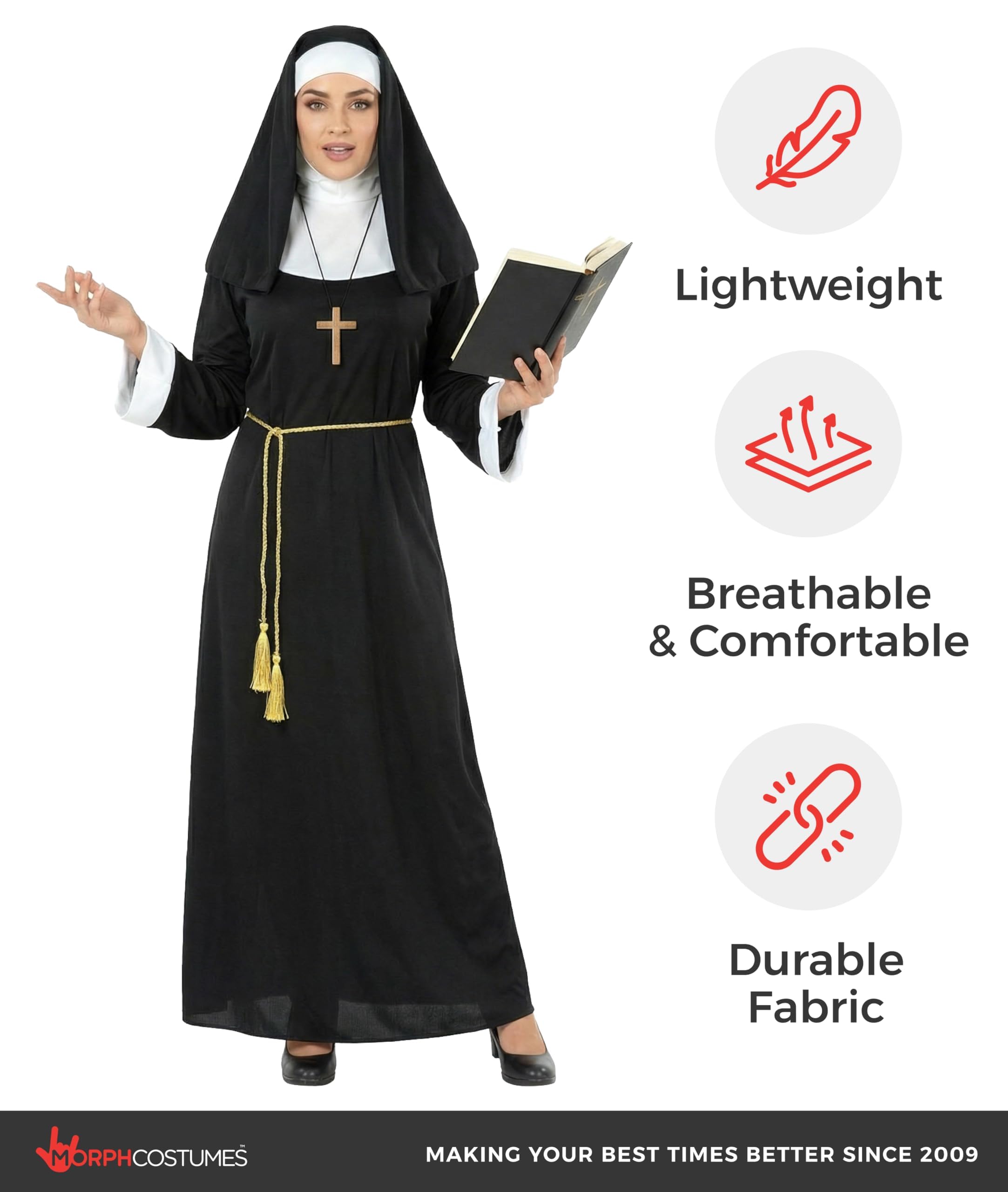 Morph Nonnenkostüm für Damen, Nonnen-Outfit mit Haube, Perfekt für Halloween und Karneval