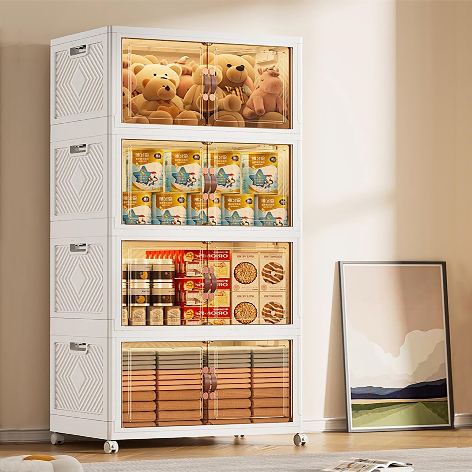 Jacriah 4 Layer Plastic Drawer Storage Bins with Lid and Doors 16 Gallon Stackable Storage Bins Open Front Closet Organizers Container Collapsible Kitchen Cabinet with Wheels