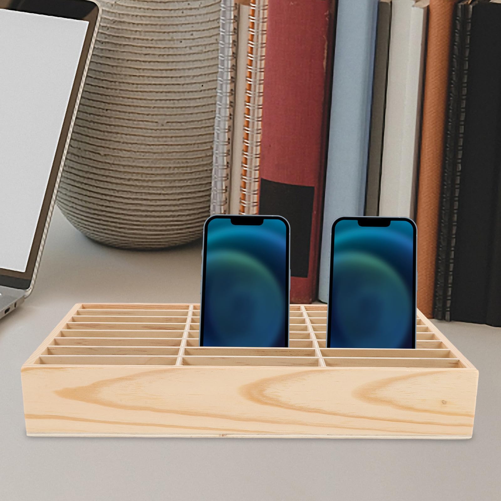 CALLARON Scatola di Immagazzinaggio in Legno Scomparti Multipli per Organizzare Cellulari e Cards, Organizer Scrivania Semplice alla Moda per Decorazioni Scuola e Ufficio