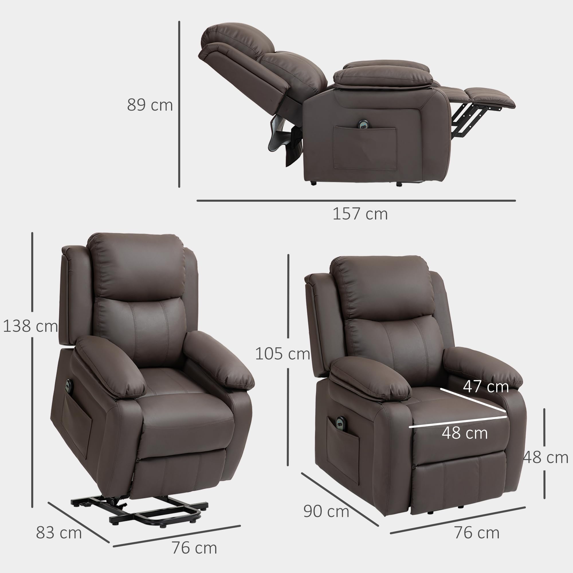 HOMCOM Sillón Relax Eléctrico Reclinable Levanta Personas, Sillón Elevador, con Respaldo Alto, Control Remoto, Reposapiés, Acolchado Grueso, Tapizado en PU, Bolsillos Laterales, Marrón Oscuro