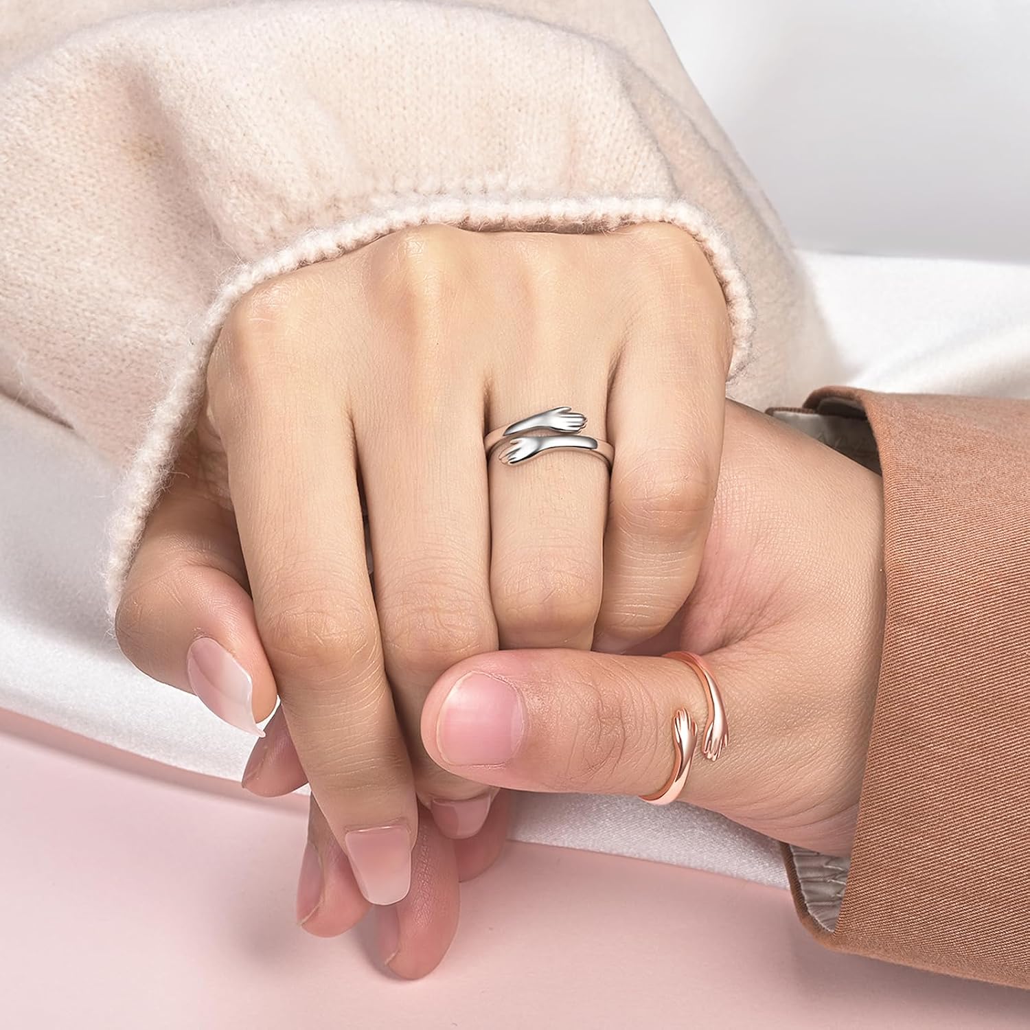 S925 Sterling Silver Hug Ring for Women Men Adjustable Promise Rings Jewelry Valentines Day Gifts