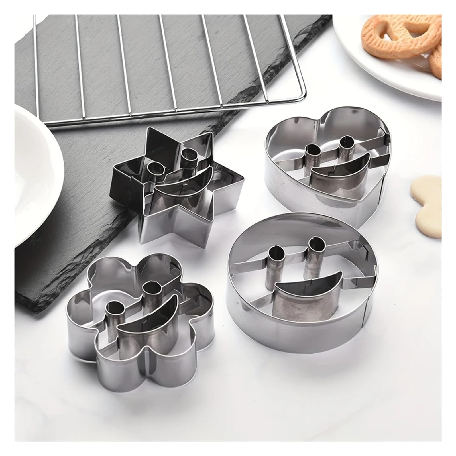Juego de cortadores de galletas, 4 Uds., moldes de acero inoxidable de calidad alimentaria con forma divertida de cara sonriente for fondant, queso, fruta, panqueque, horneado DIY en casa
