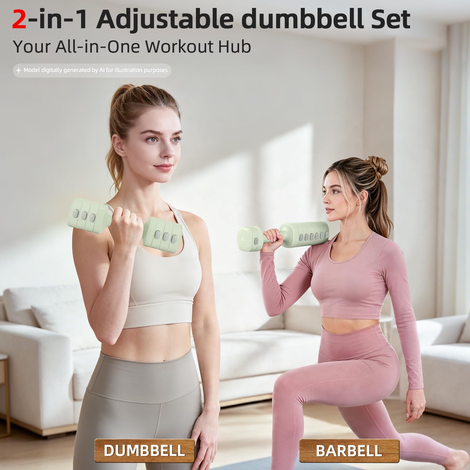 Abahub Zestaw hantli do domowej siłowni, 4 w 1, regulowane ciężarki, zestaw hantli dla kobiet, 5 kg, zielone