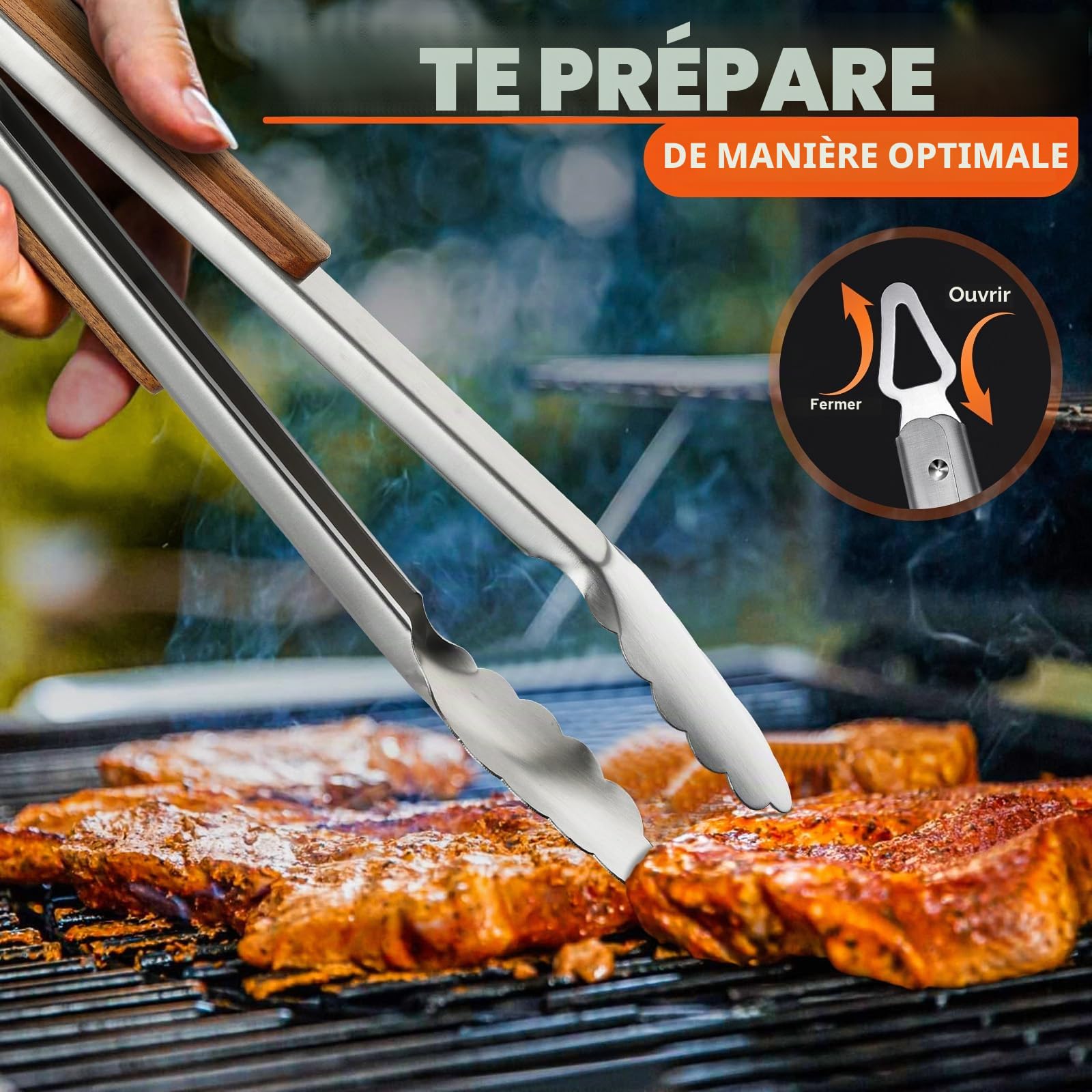 TIVOLI Lot de 4 ustensiles de barbecue en acier inoxydable avec poignées en bois