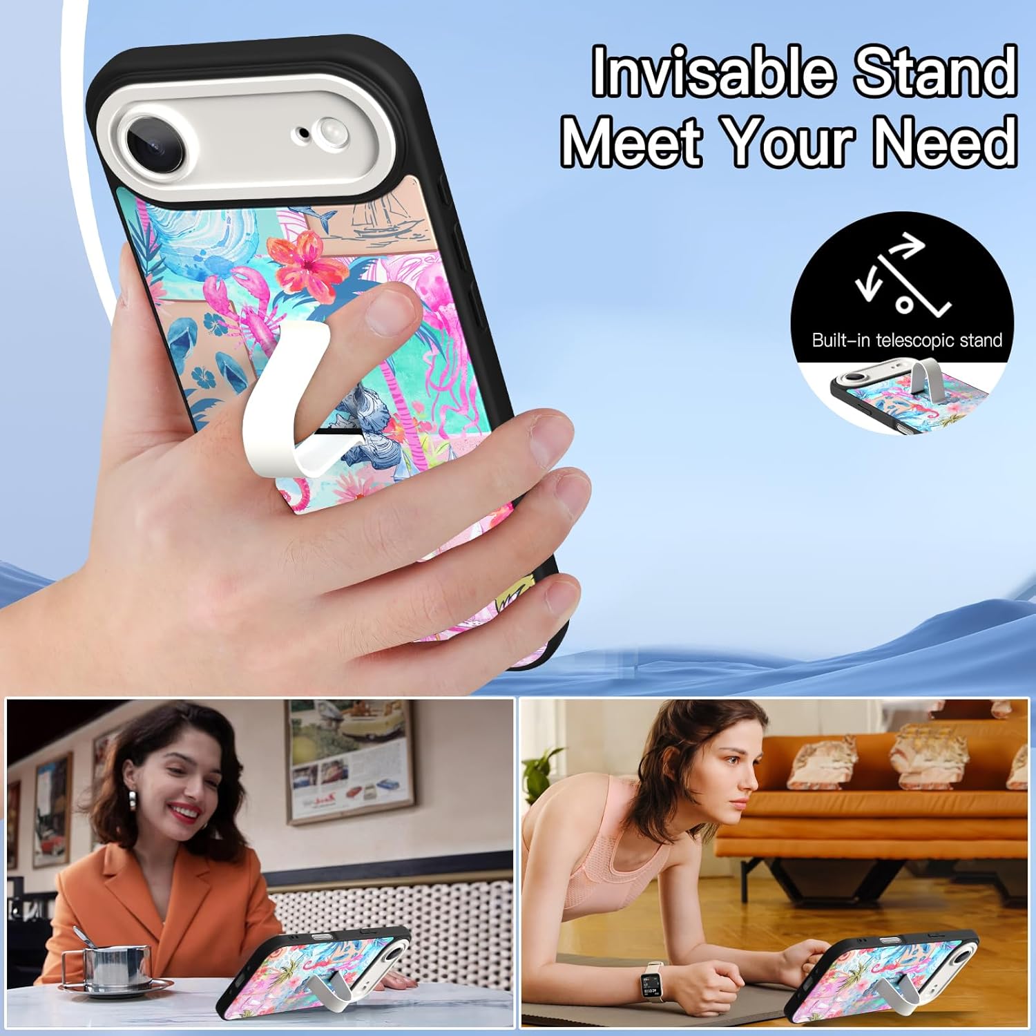 KANGHAR Compatible with iPhone Air Case Summer Collage Sea Beach Pattern Finger Stand Design Full Body Rugged Shockproof Protection Glossy Protective Kickstand Phone Cover 6.7 Inch Blue
