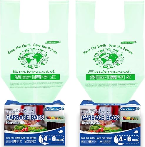 Bolsas de basura compostables de 4 a 6 galones, 100 unidades, bolsas de basura de cocina con asa, resistentes bolsas de basura biodegradables,