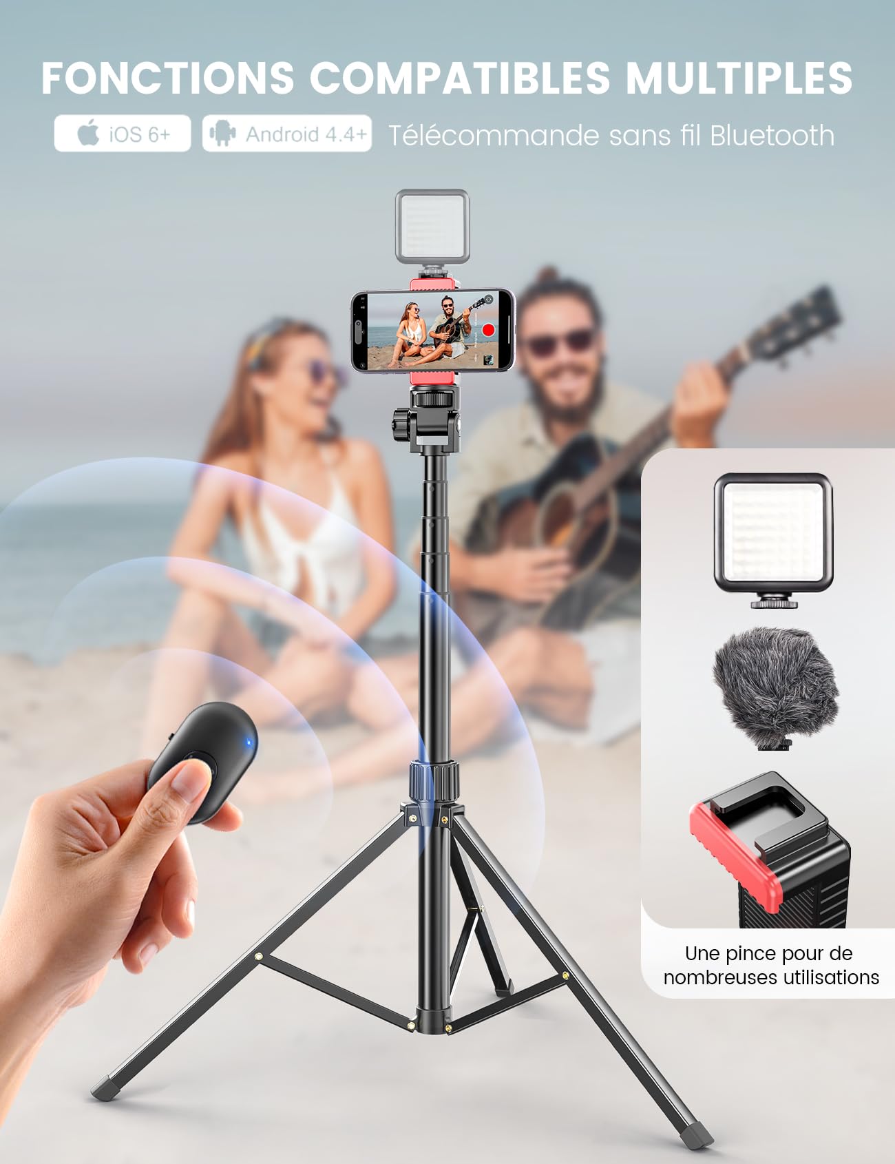 180cm Trepied Smartphone, Extensible Perche a Selfie Trepied Aluminium avec Télécommande sans Fil et Support pour Téléphone Portable, Compatible avec iPhone, Samsung, Appareil Photo et Gopro
