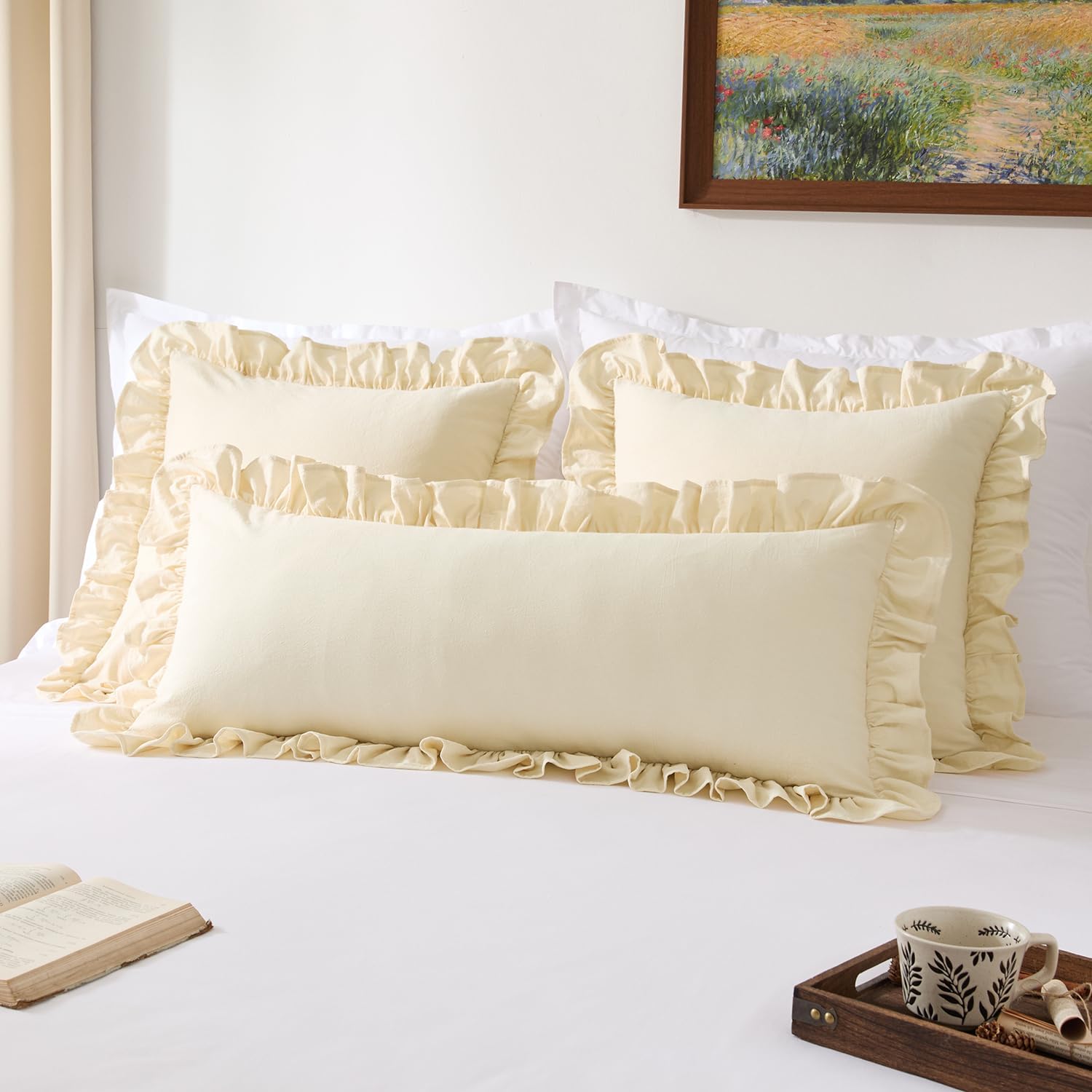 Kevin Textile 14x36 Inch Long Lumbar Pillow Cover 1 Pack 100% Cotton Lace Ruffles Scalloped Decorative Rectangle Cushion Case Soft Body Pillow for Bedding Couch Sofa, Cream White