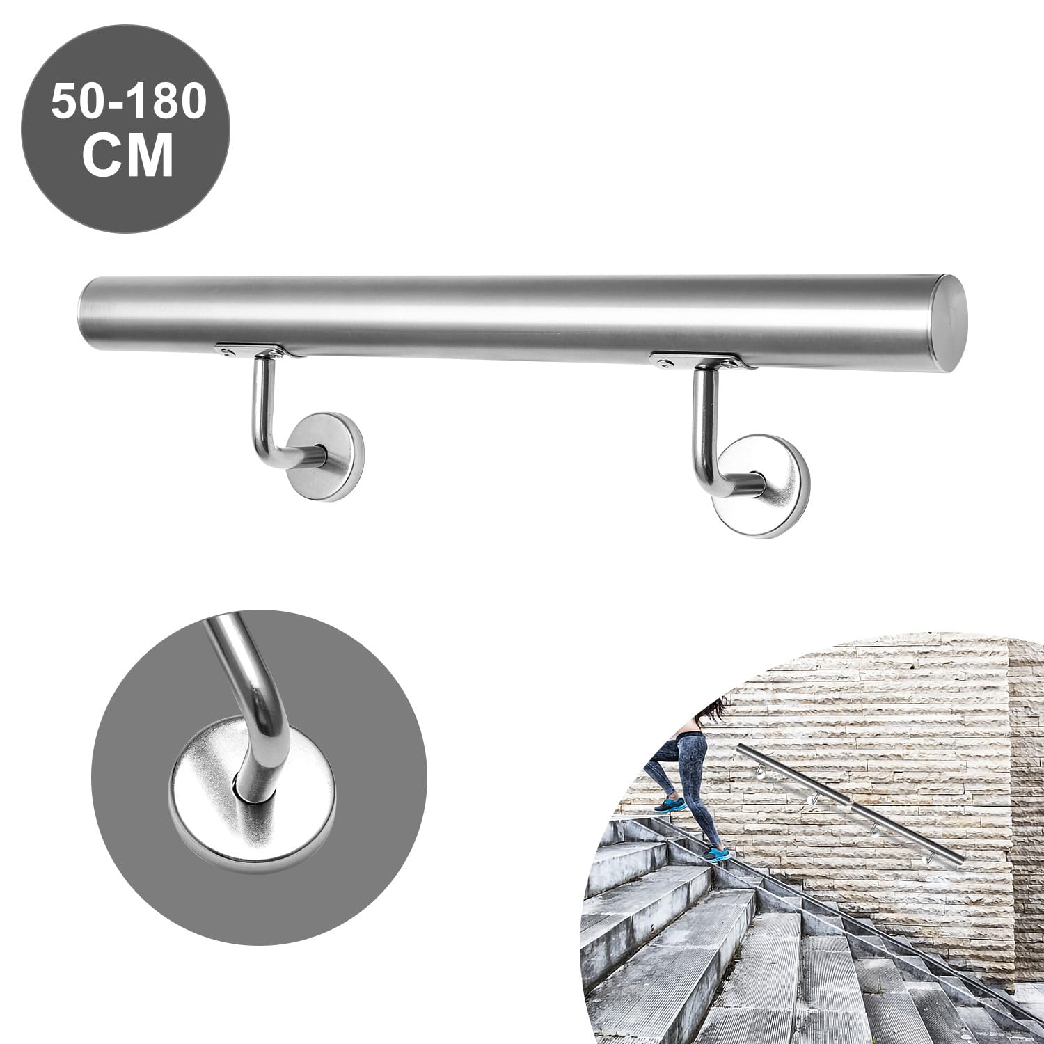 Pasamanos de acero inoxidable, pasamanos de 100 cm de largo, diámetro de 42 mm, para escaleras interiores y exteriores, incluye soporte de pared y tapas finales