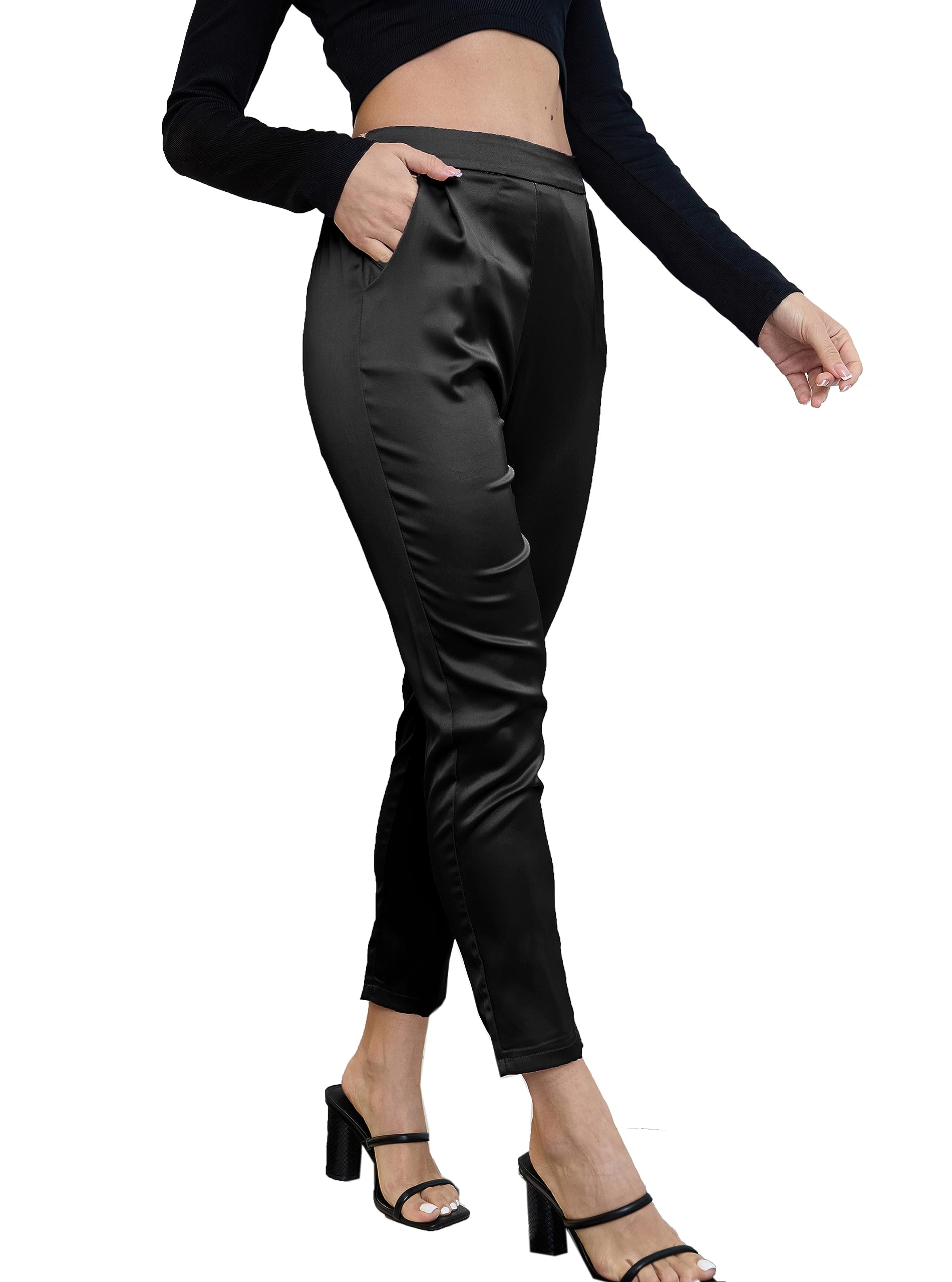 Womens Silky Satin Wedding Dressy Casual Elastic Waist Pants Party Club Wear Trousers