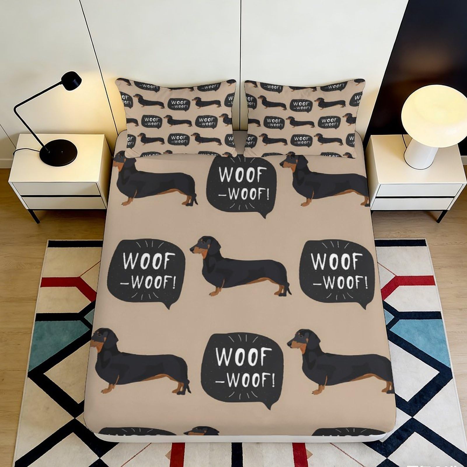 3D Printed Dachshund Dog Fitted Sheet Microfiber Soft Breathable Woof Cartoon Bed Cover for Bedroom Guest Room Decor 90x200x25cm