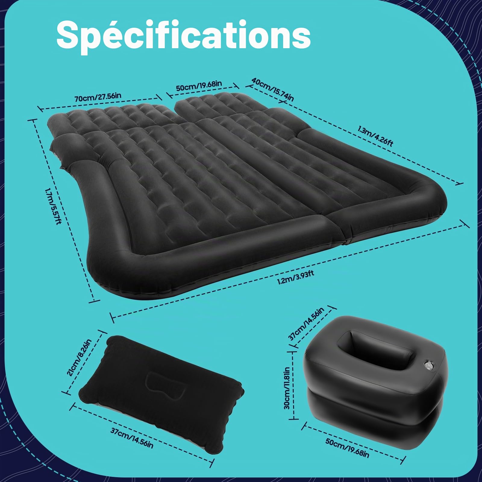 Matelas gonflable pour voiture SUV - 170 x 120 cm - Matelas gonflable mobile avec pompe à air - Avec 2 coussins - 6 chambres indépendantes - Temps de gonflage : 2 à 3 min