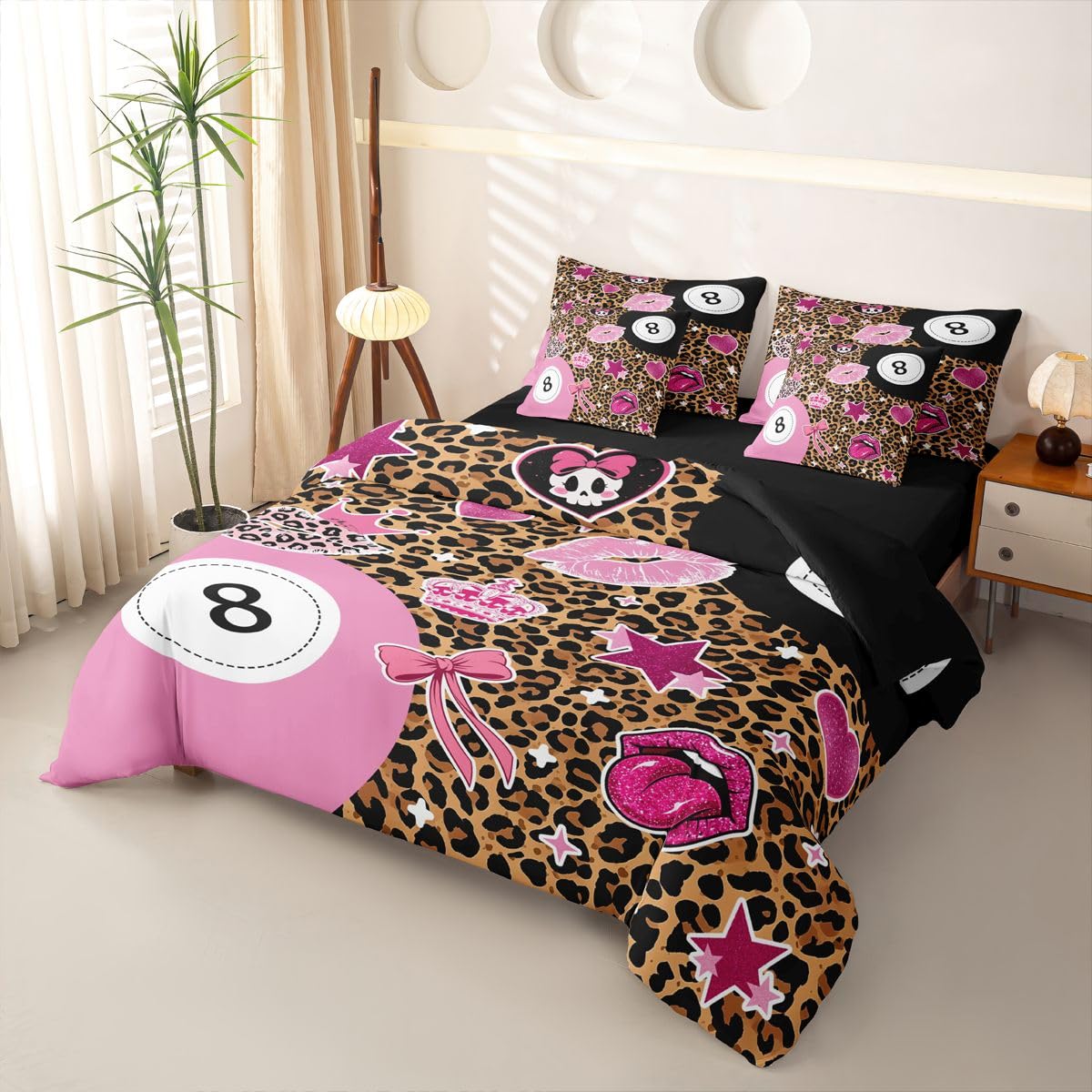 Loussiesd Juego de funda de edredón de 8 bolas, tamaño Super King, 7 piezas, estampado de leopardo marrón, juego de ropa de cama en una bolsa con funda de edredón, sábanas, fundas de almohada y fundas