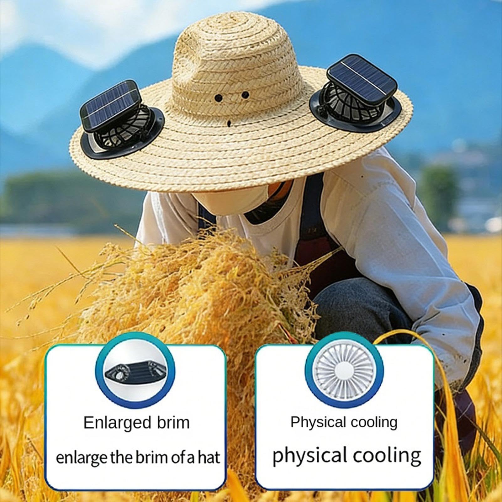 Chapeaux de paille pour homme – Chapeau de 47 cm avec ventilateurs à énergie solaire | Casquette à large bord rechargeable par USB | Chapeau de soleil pour homme | Pour la pêche, l'été, le camping, le