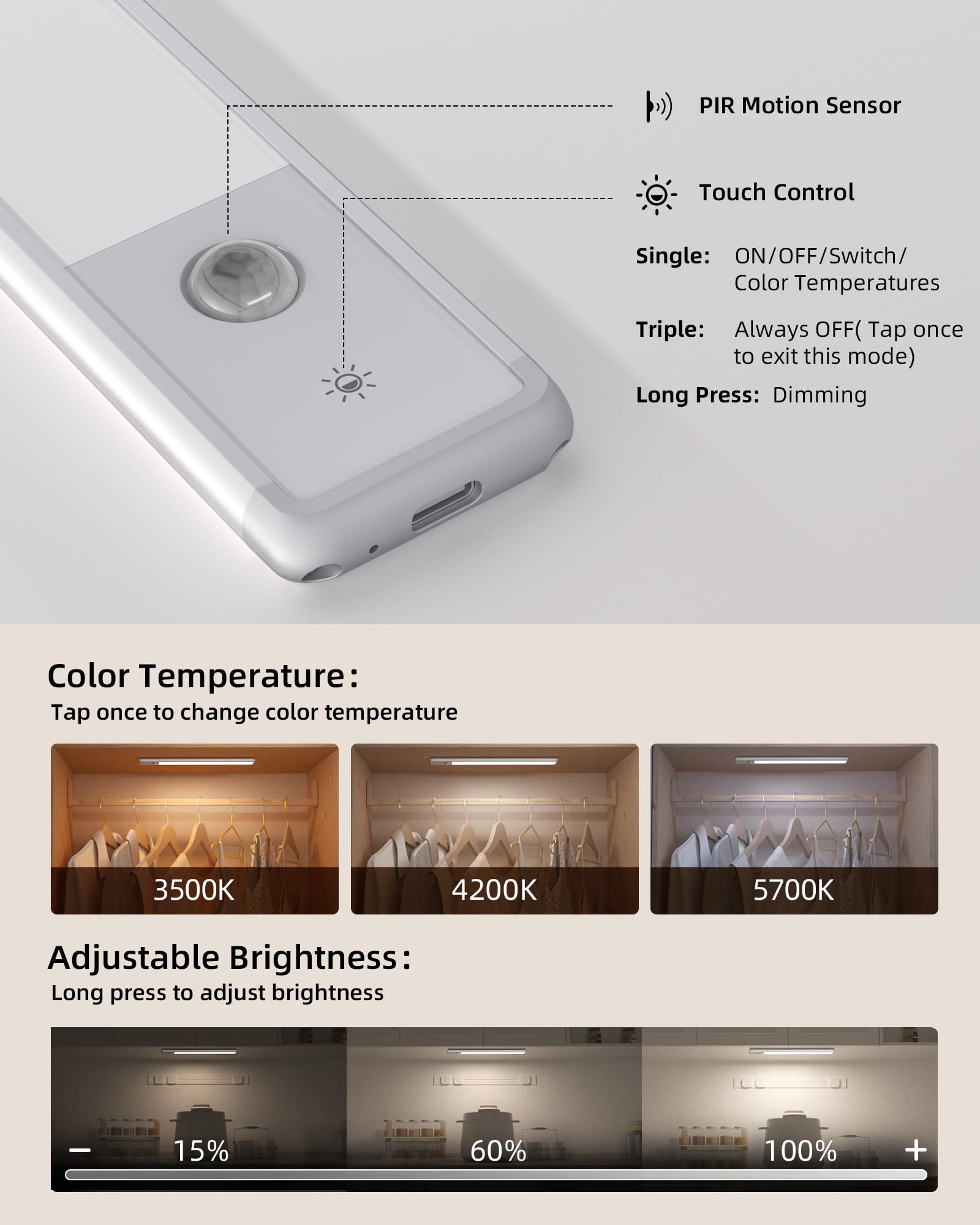 EZVALO Luce Armadio LED con Sensore di Movimento Luci Notturna LED Lampada Guardaroba Luce da Esposizione 1900mAh USB Ricaricabile Cucina, Scale, Corridoio (30cm-2 Pezzi-3 Temperature di Colore)