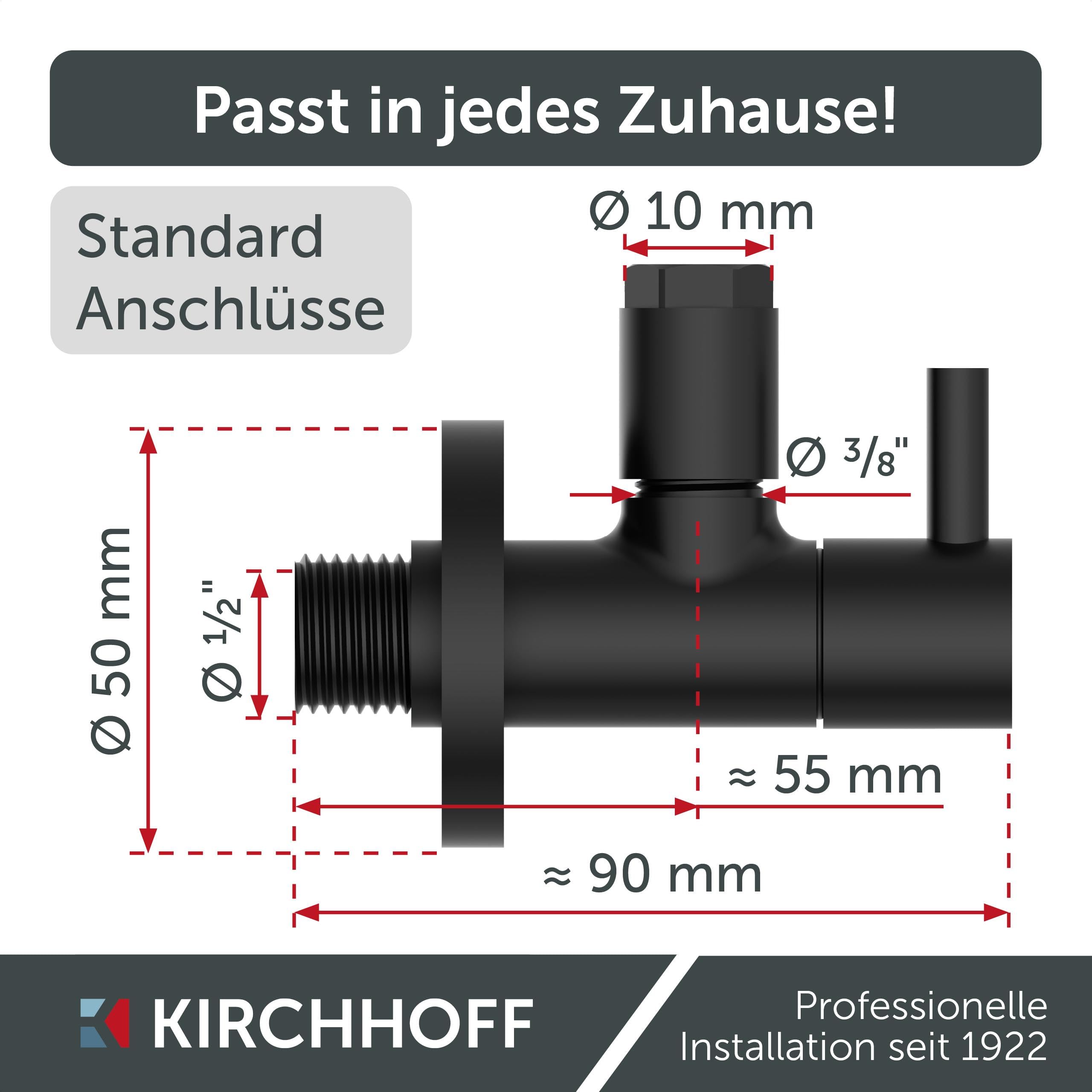 Bundle aus KIRCHHOFF Design Universal Eckventil mit Schnellverschluss + Design Siphon, Matt Schwarzer Abfluss, Ablaufgarnitur für Waschbecken + Flexibler Anschlussschlauch in schwarz
